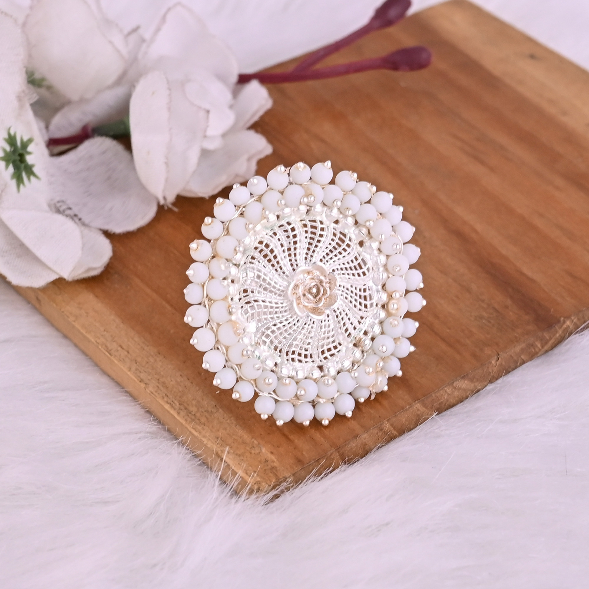 Pearl Gemstone Floral Design Boho Adjustable Big Ring