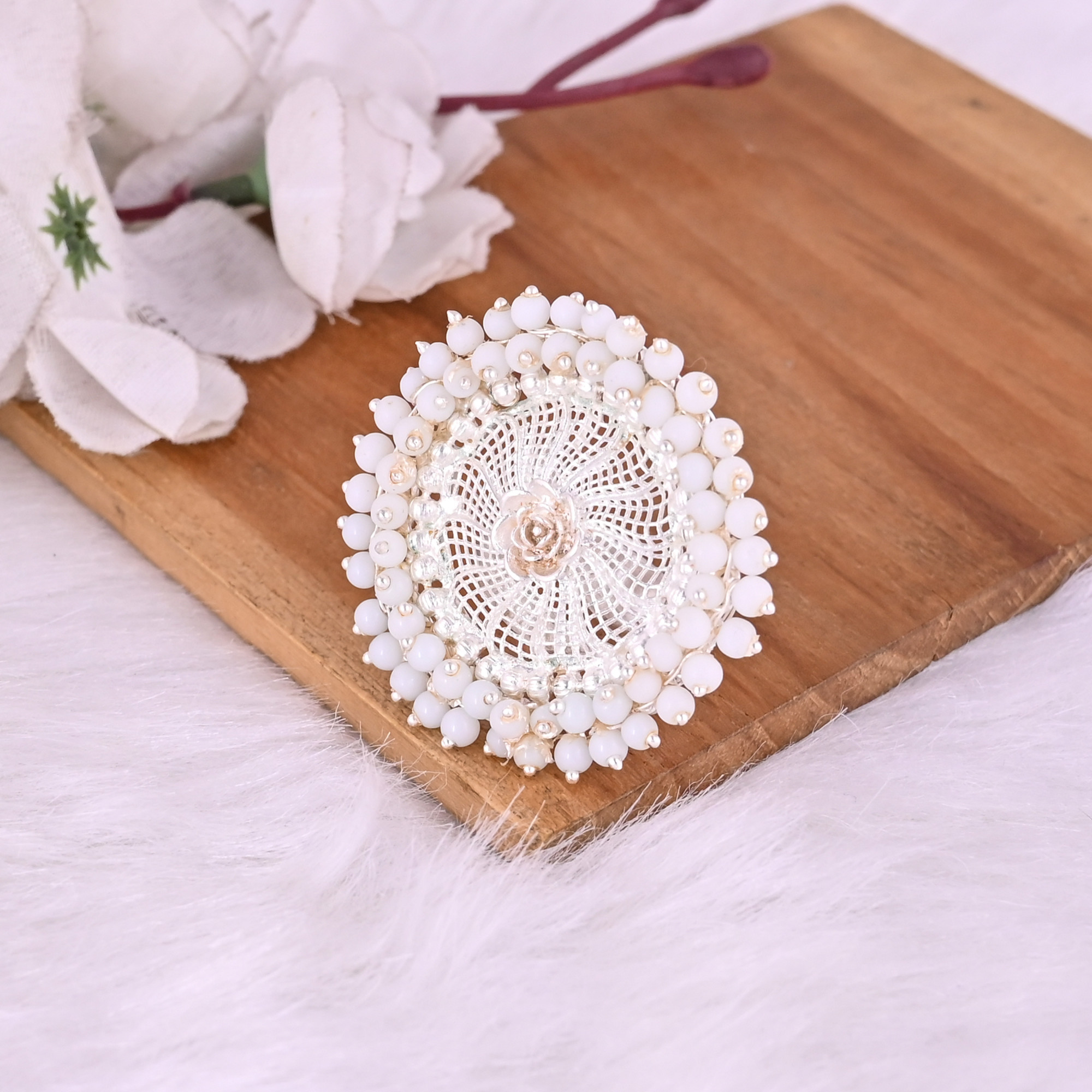 Pearl Gemstone Floral Design Boho Adjustable Big Ring