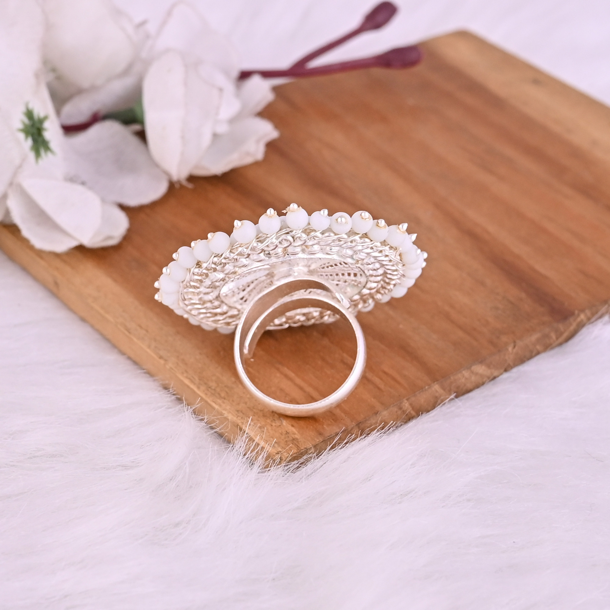 Pearl Gemstone Floral Design Boho Adjustable Big Ring