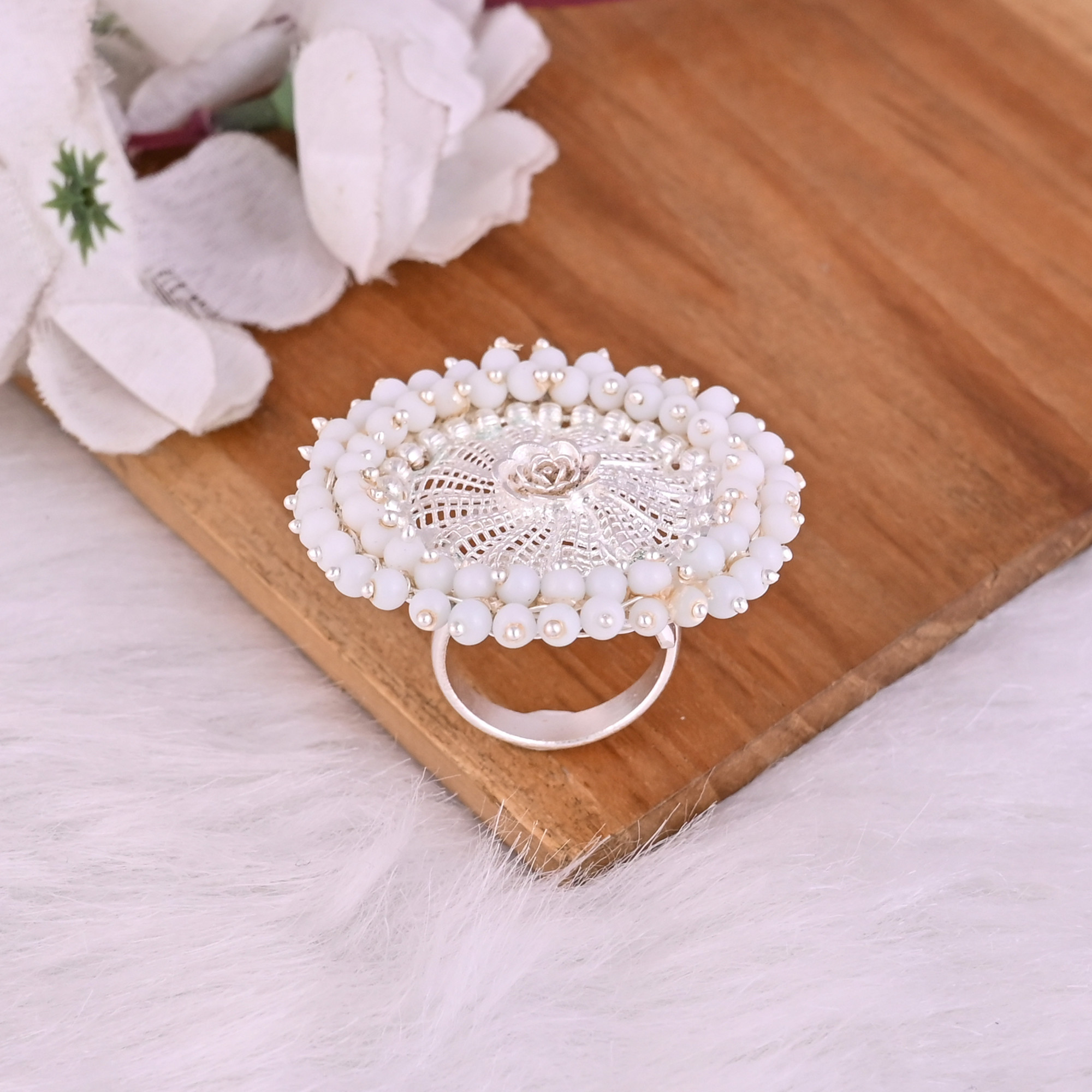 Pearl Gemstone Floral Design Boho Adjustable Big Ring