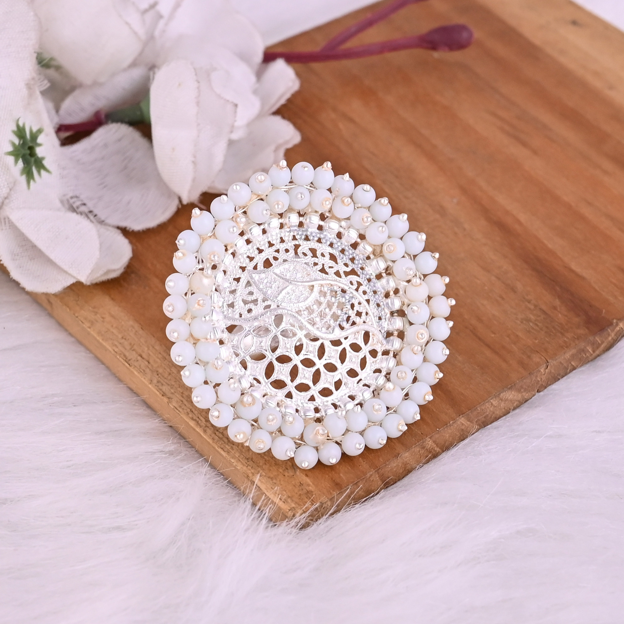 Pearl Gemstone Floral Design Boho Adjustable Big Ring