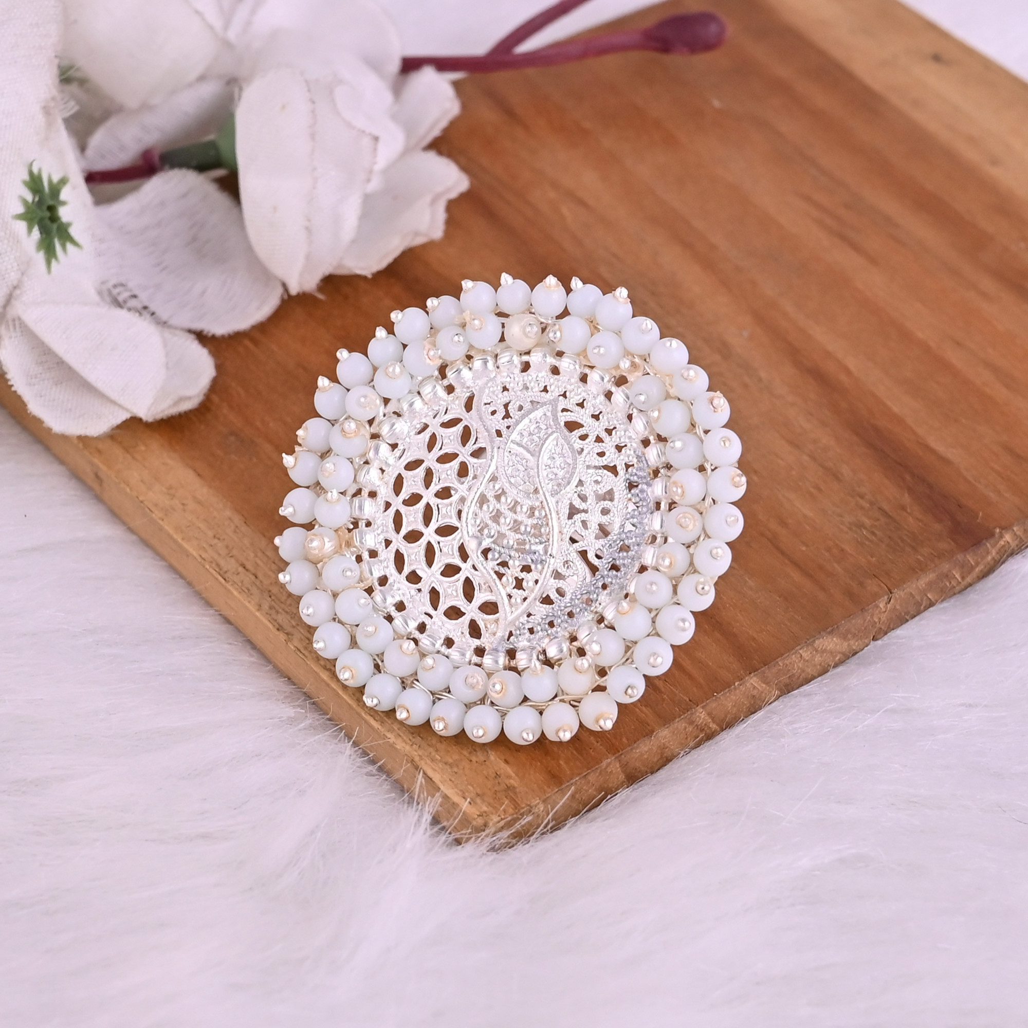 Pearl Gemstone Floral Design Boho Adjustable Big Ring