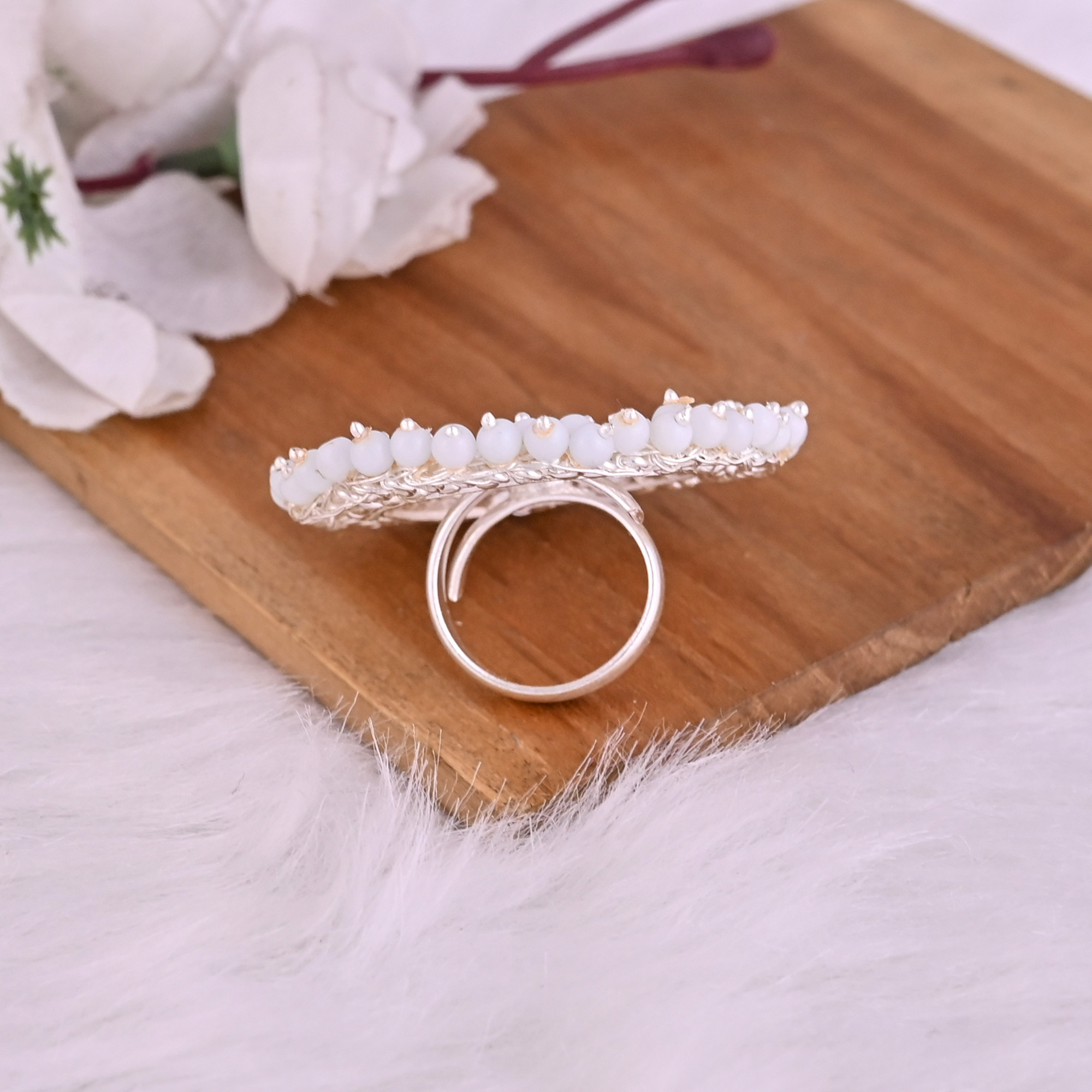 Pearl Gemstone Floral Design Boho Adjustable Big Ring