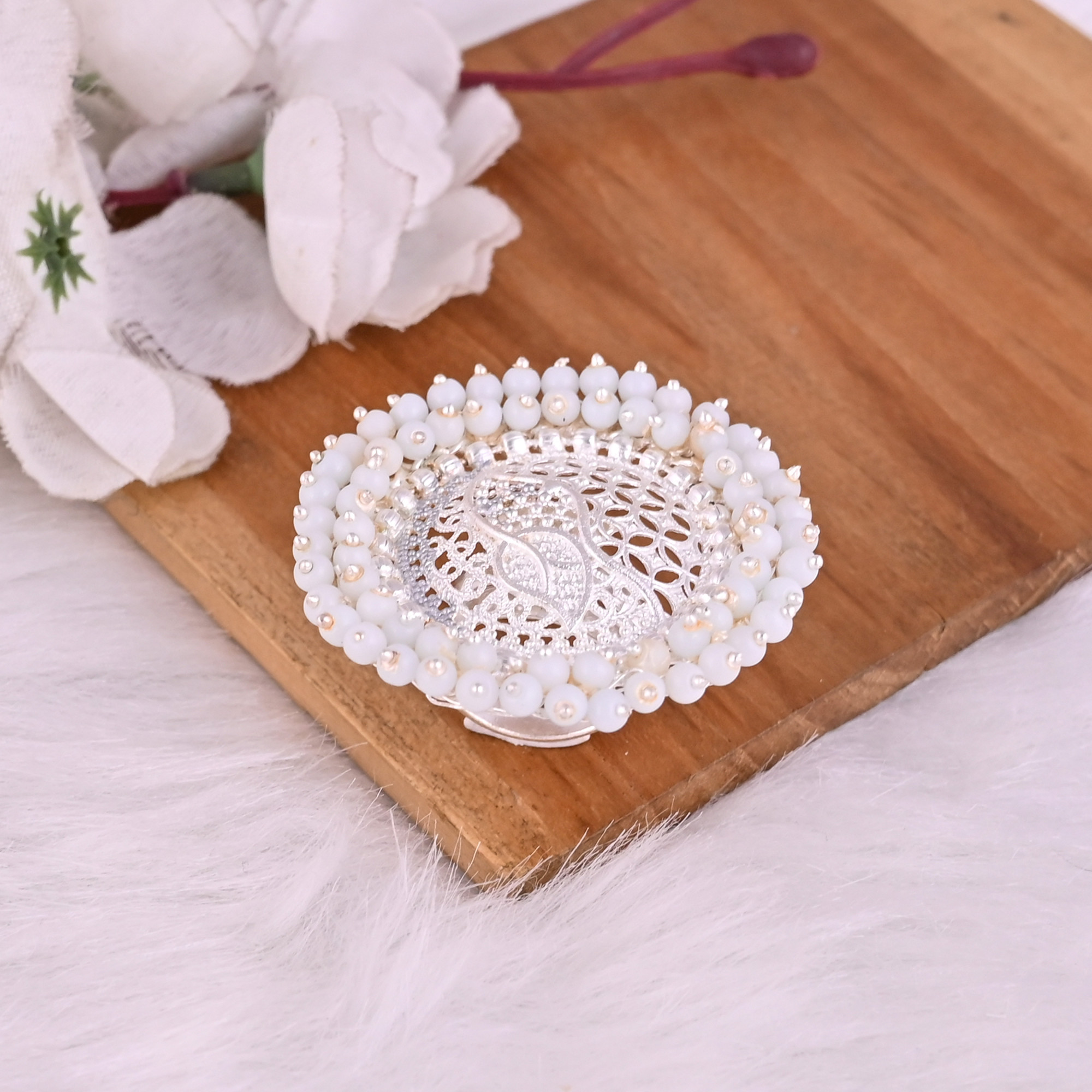 Pearl Gemstone Floral Design Boho Adjustable Big Ring