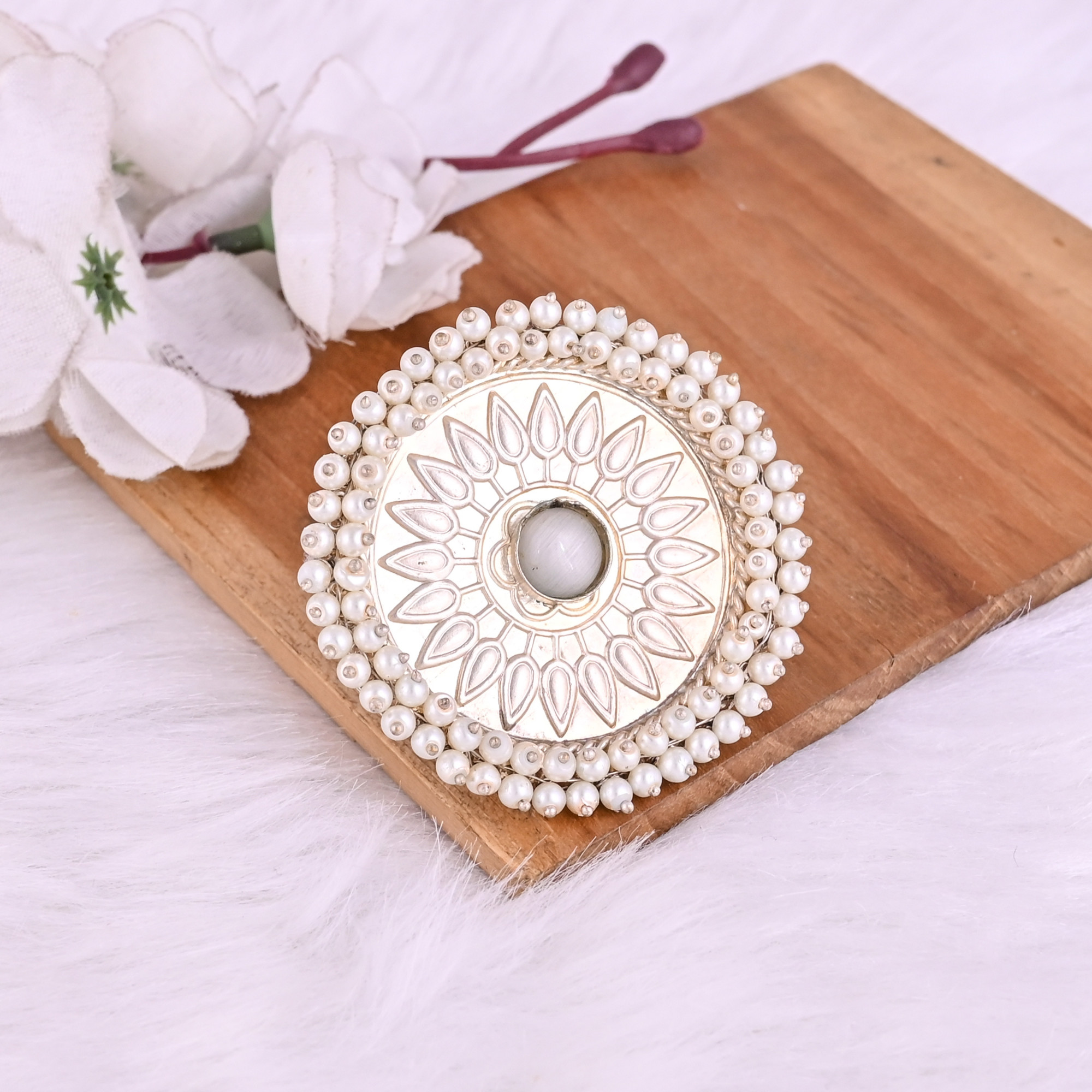 White Catseye  Pearl Gemstone Floral Design Boho Adjustable Big Ring