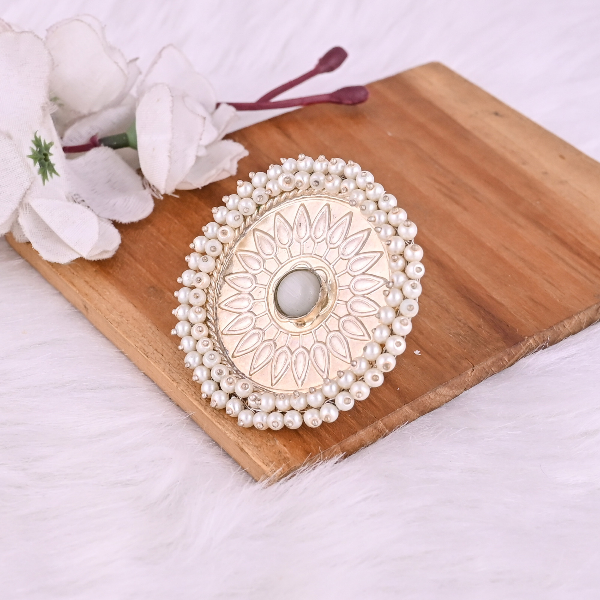 White Catseye Pearl Gemstone Floral Design Boho Adjustable Big Ring