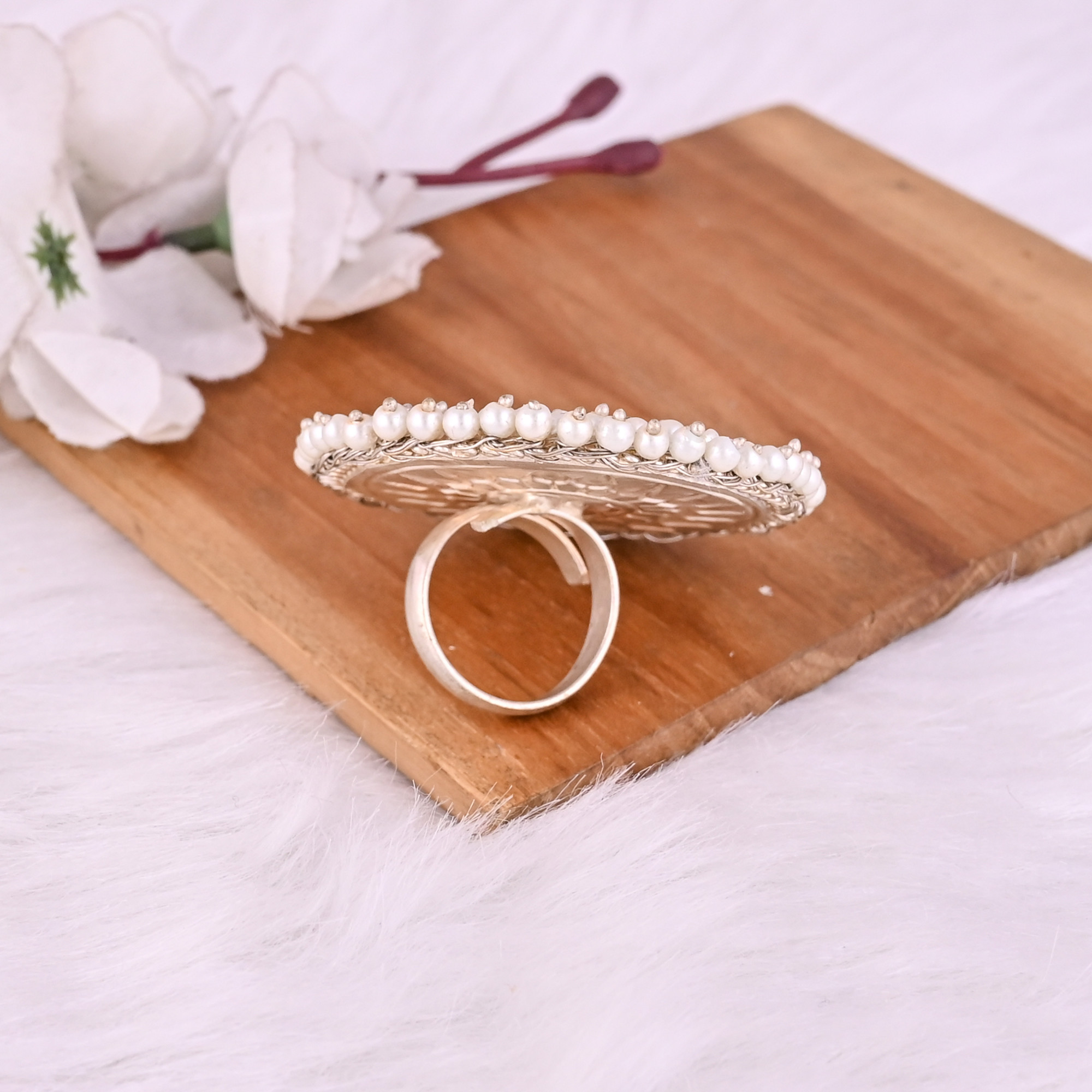 White Catseye  Pearl Gemstone Floral Design Boho Adjustable Big Ring