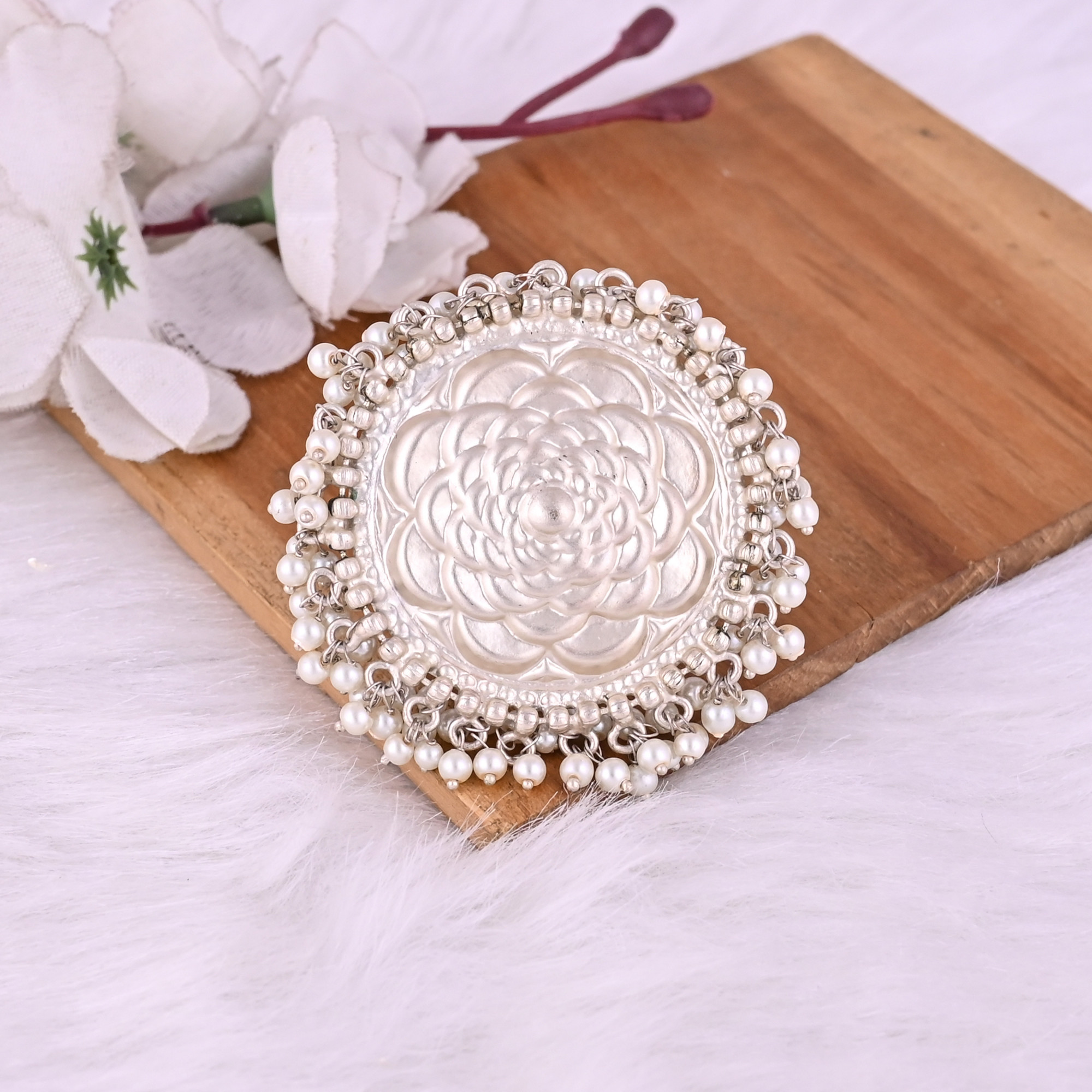 Pearl Beaded Floral Design Boho Adjustable Big Ring