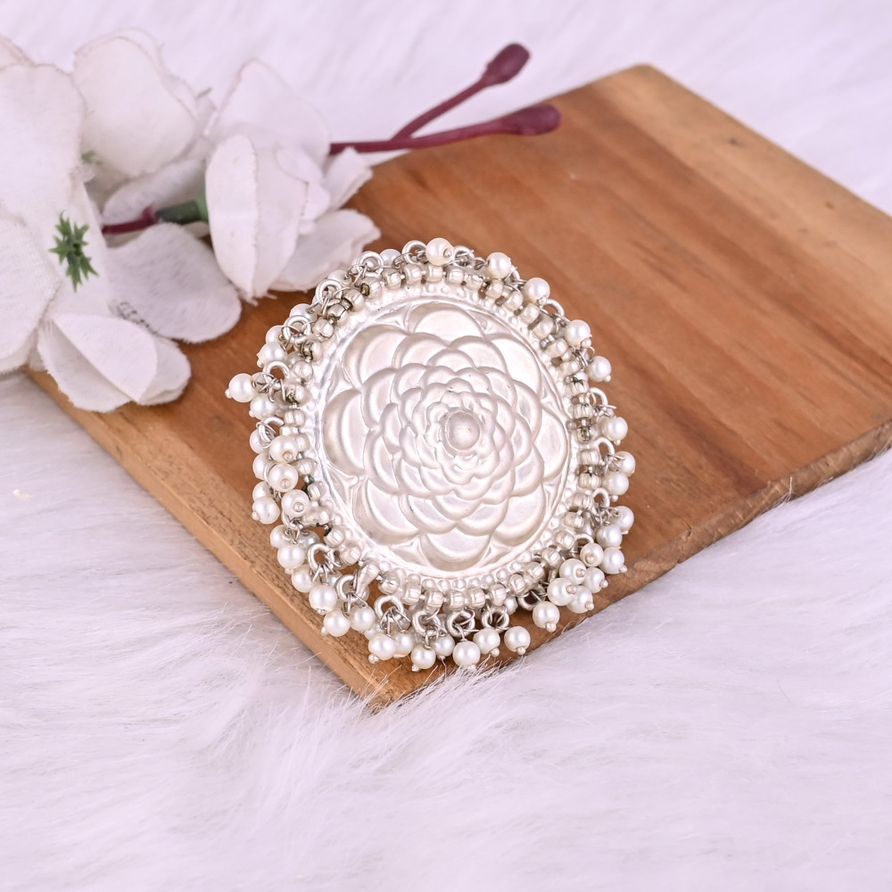 Image of Pearl Gemstone Floral Design Boho Adjustable Big Ring