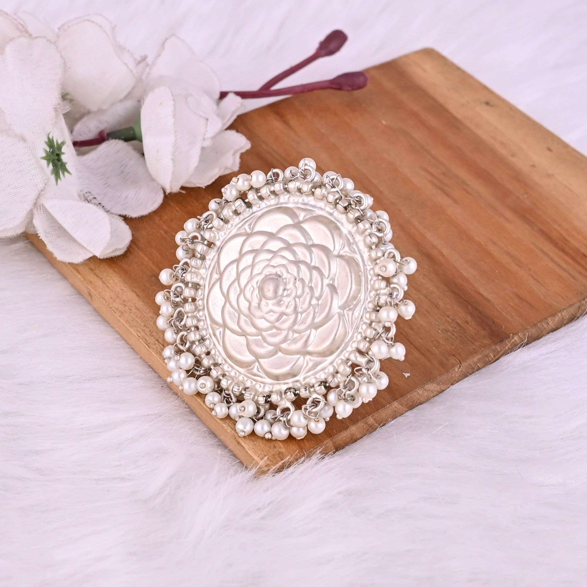 Pearl Beaded Floral Design Boho Adjustable Big Ring