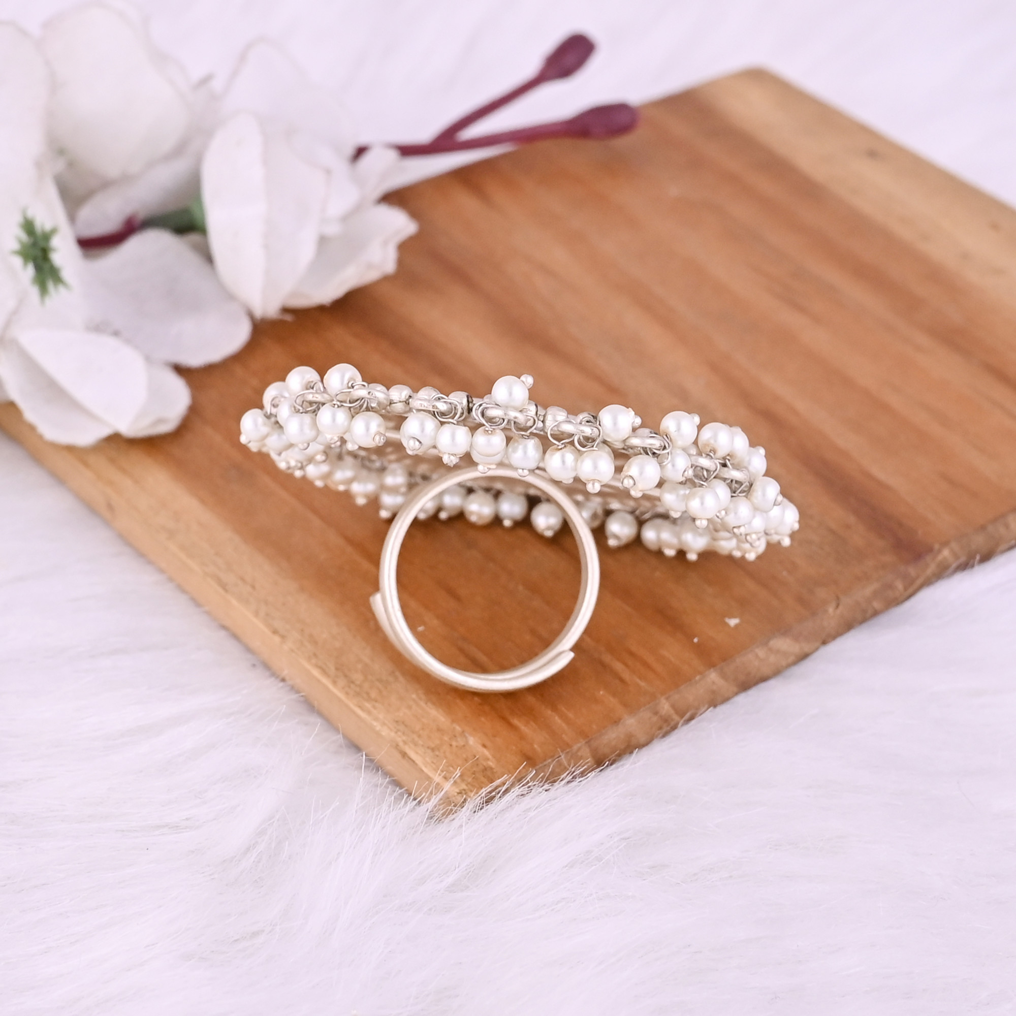 Pearl Gemstone Floral Design Boho Adjustable Big Ring