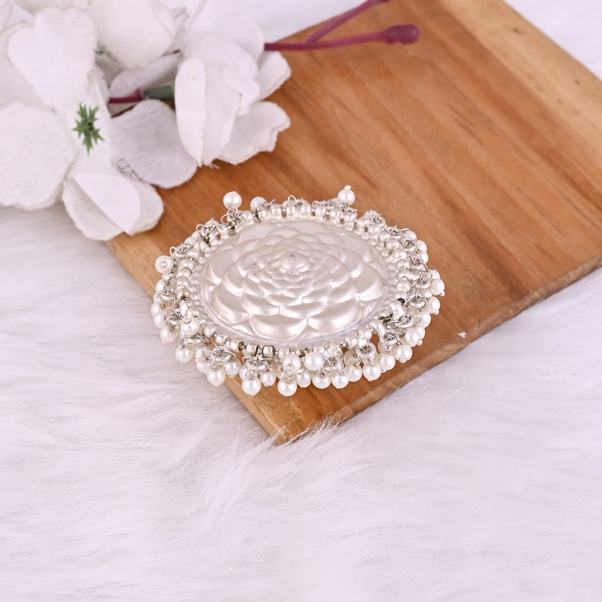 Pearl Gemstone Floral Design Boho Adjustable Big Ring