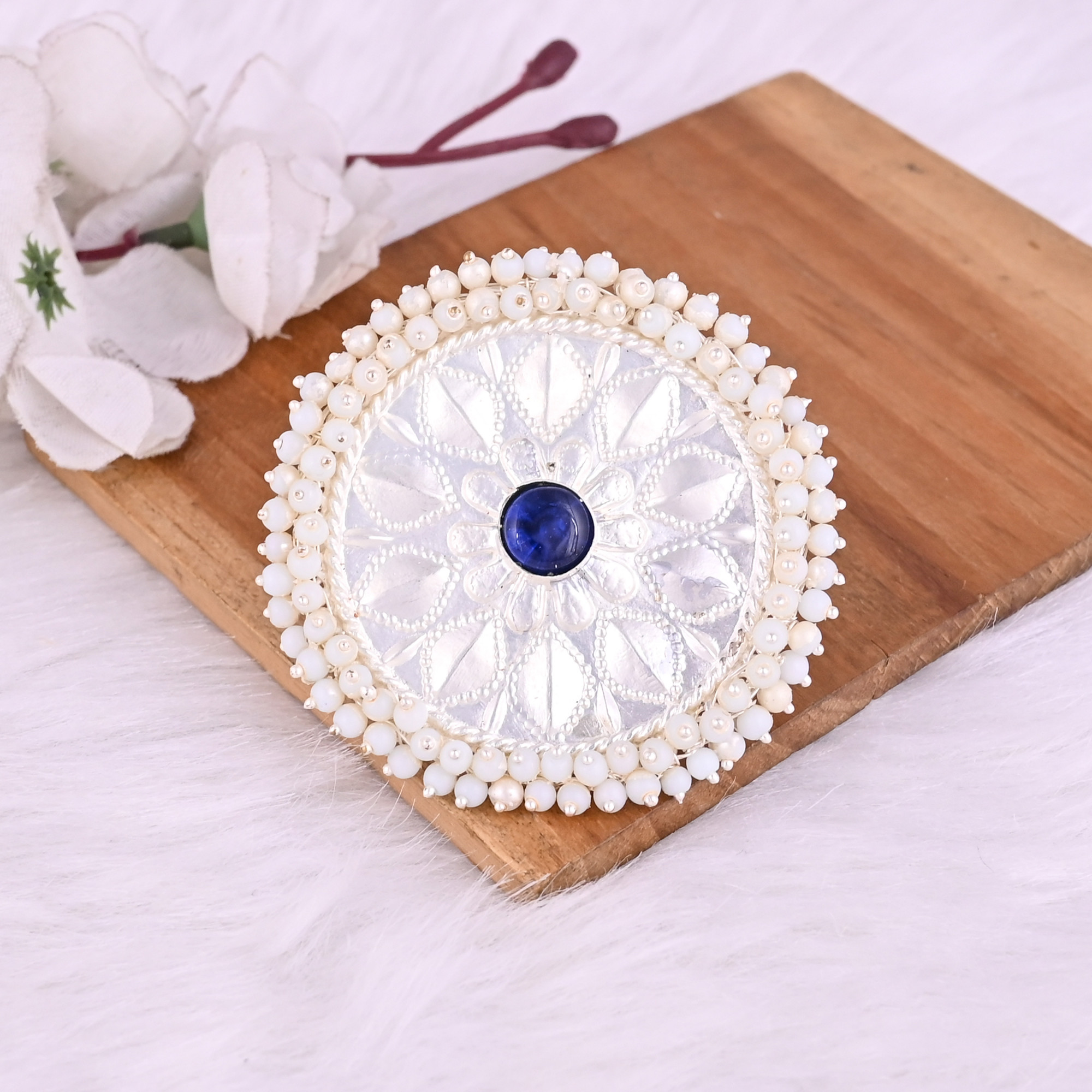 Blue Hydro  Pearl Gemstone Floral Design Boho Adjustable Big Ring