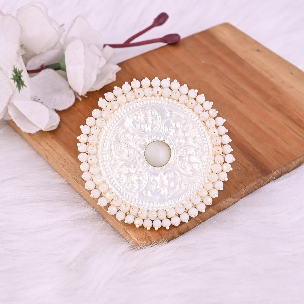 Image of White Cat'seye &amp; Pearl Gemstone Floral Design Boho Adjustable Big Ring