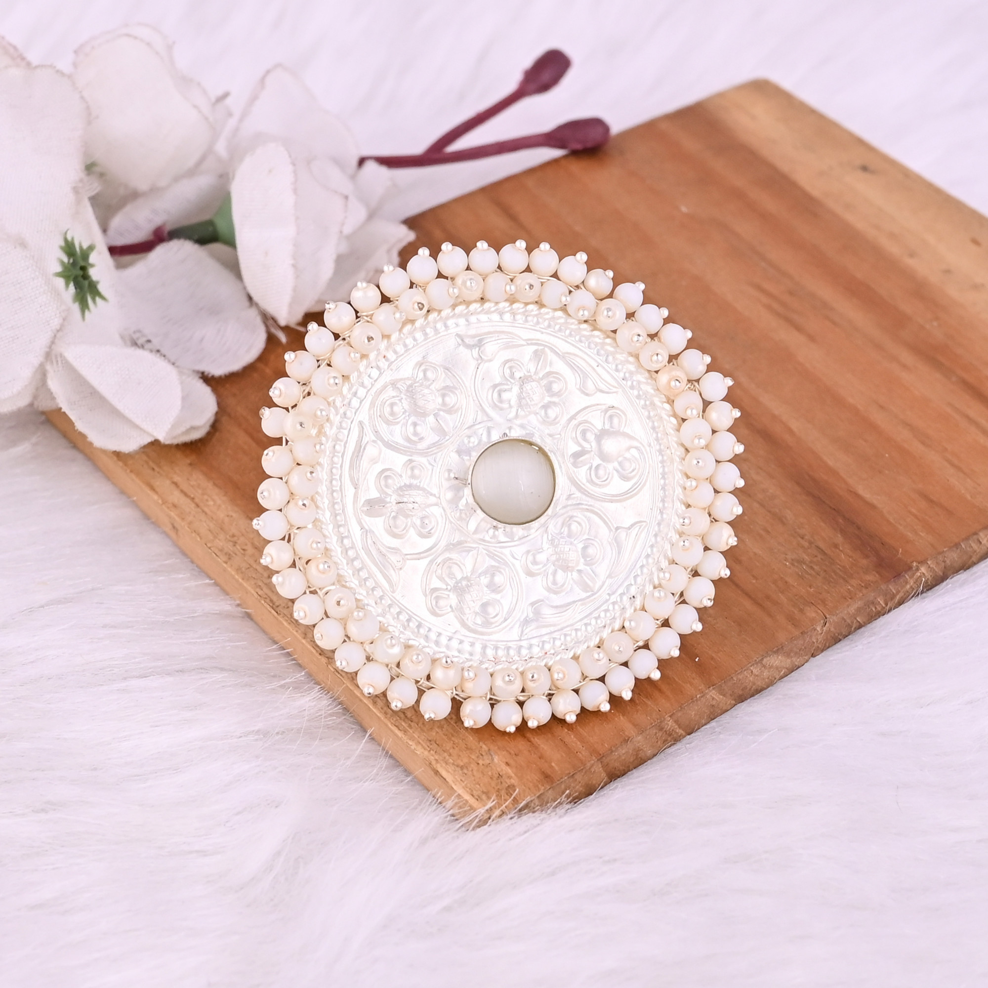 White Catseye Pearl Gemstone Floral Design Boho Adjustable Big Ring