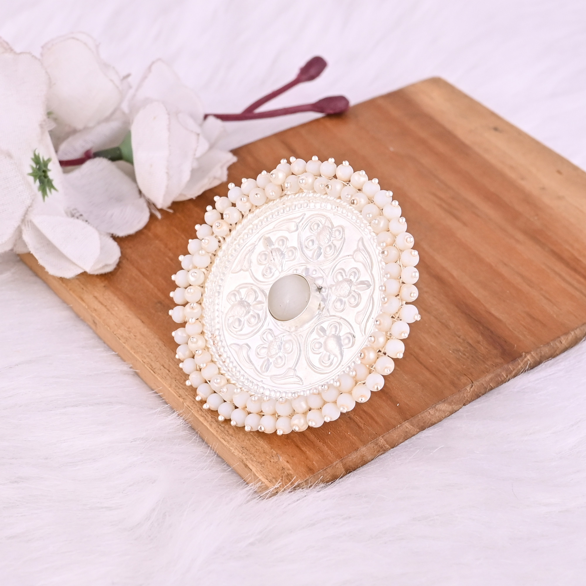 White Catseye  Pearl Gemstone Floral Design Boho Adjustable Big Ring