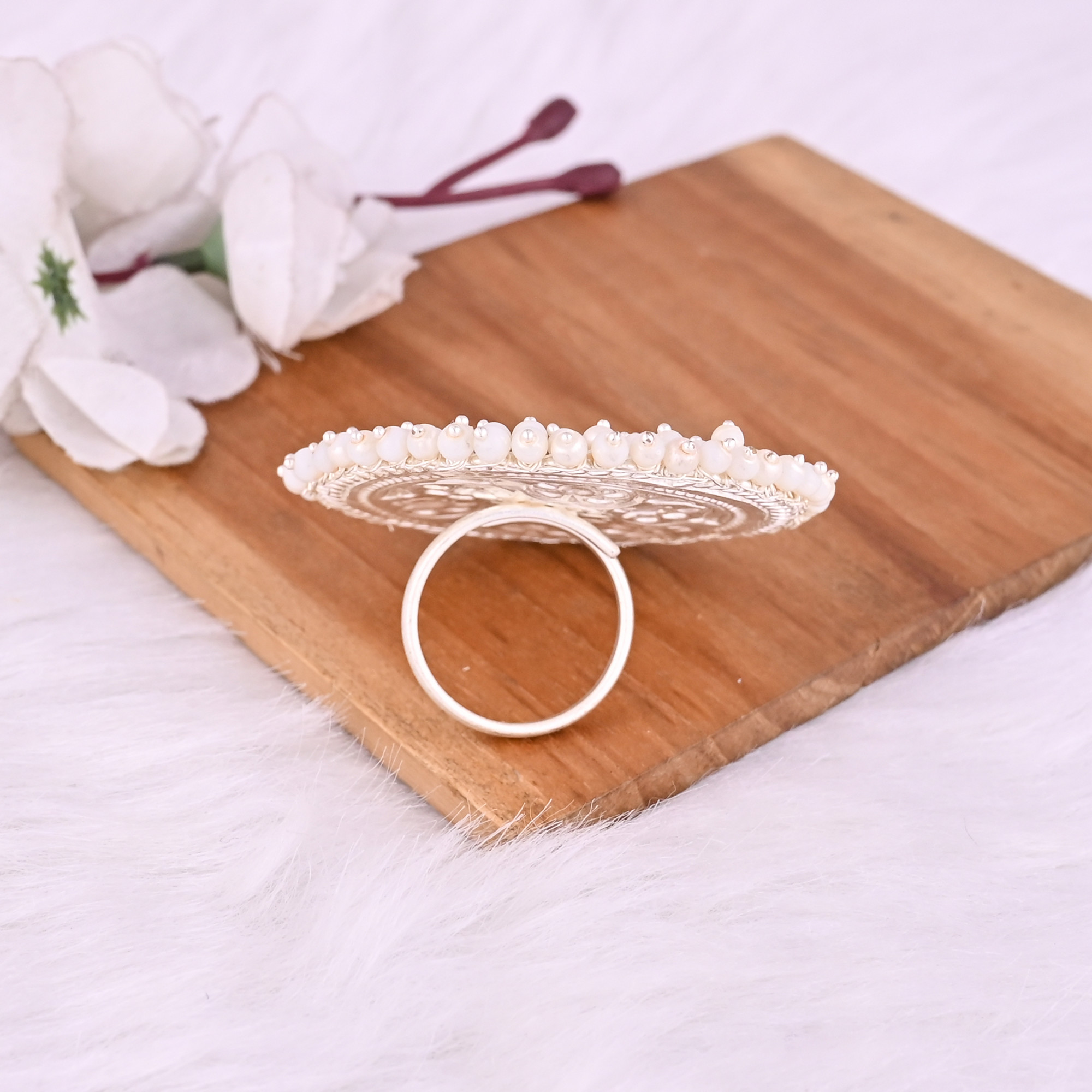 White Catseye Pearl Gemstone Floral Design Boho Adjustable Big Ring