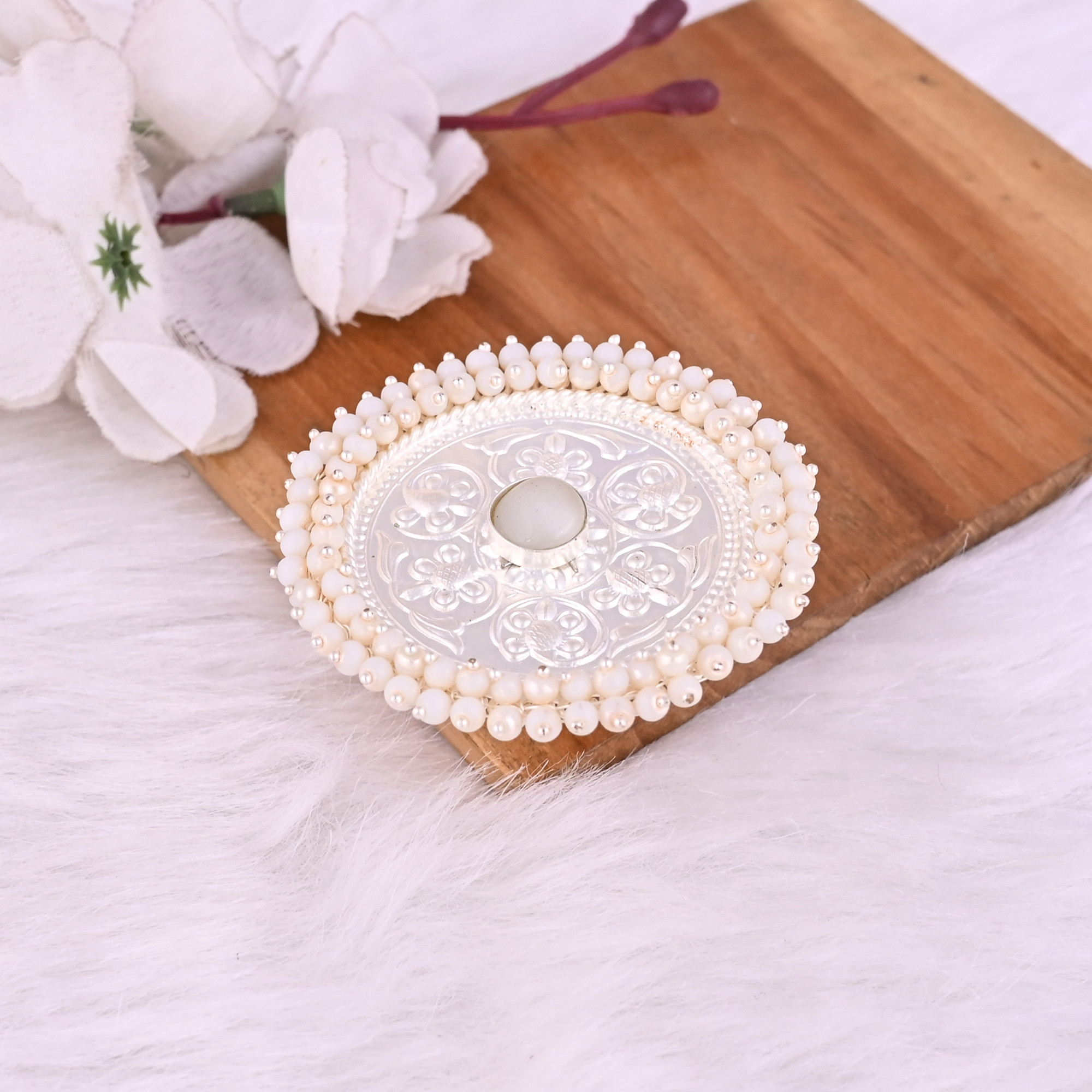 White Catseye  Pearl Gemstone Floral Design Boho Adjustable Big Ring