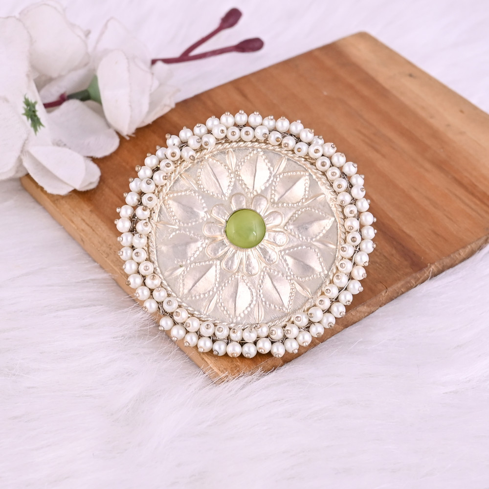 Image of Green Cats'eye &amp; Pearl Gemstone Floral Design Boho Adjustable Big Ring