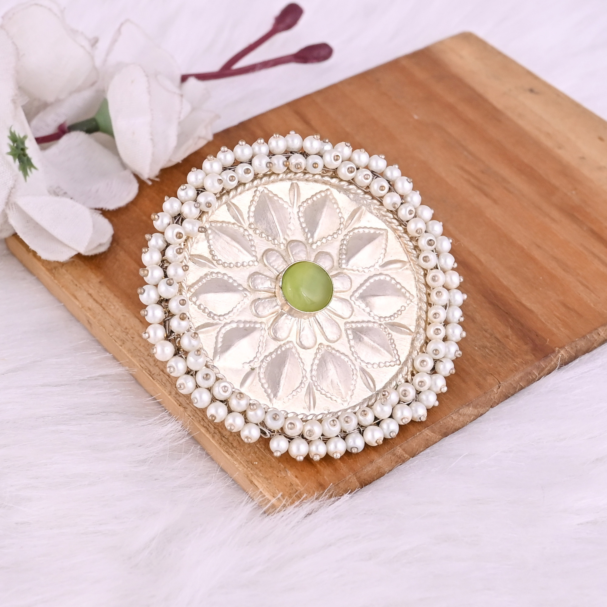 Green Catseye  Pearl Gemstone Floral Design Boho Adjustable Big Ring