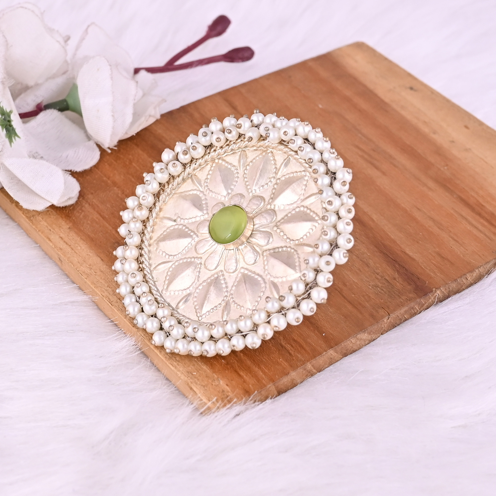 Green Catseye  Pearl Gemstone Floral Design Boho Adjustable Big Ring