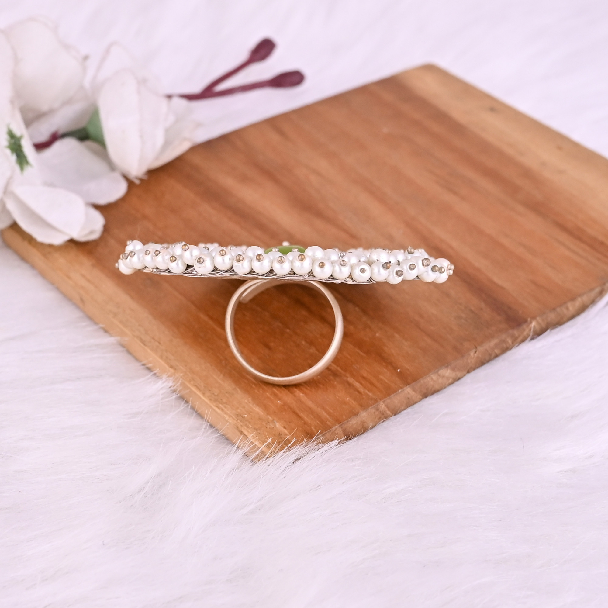 Green Catseye  Pearl Gemstone Floral Design Boho Adjustable Big Ring