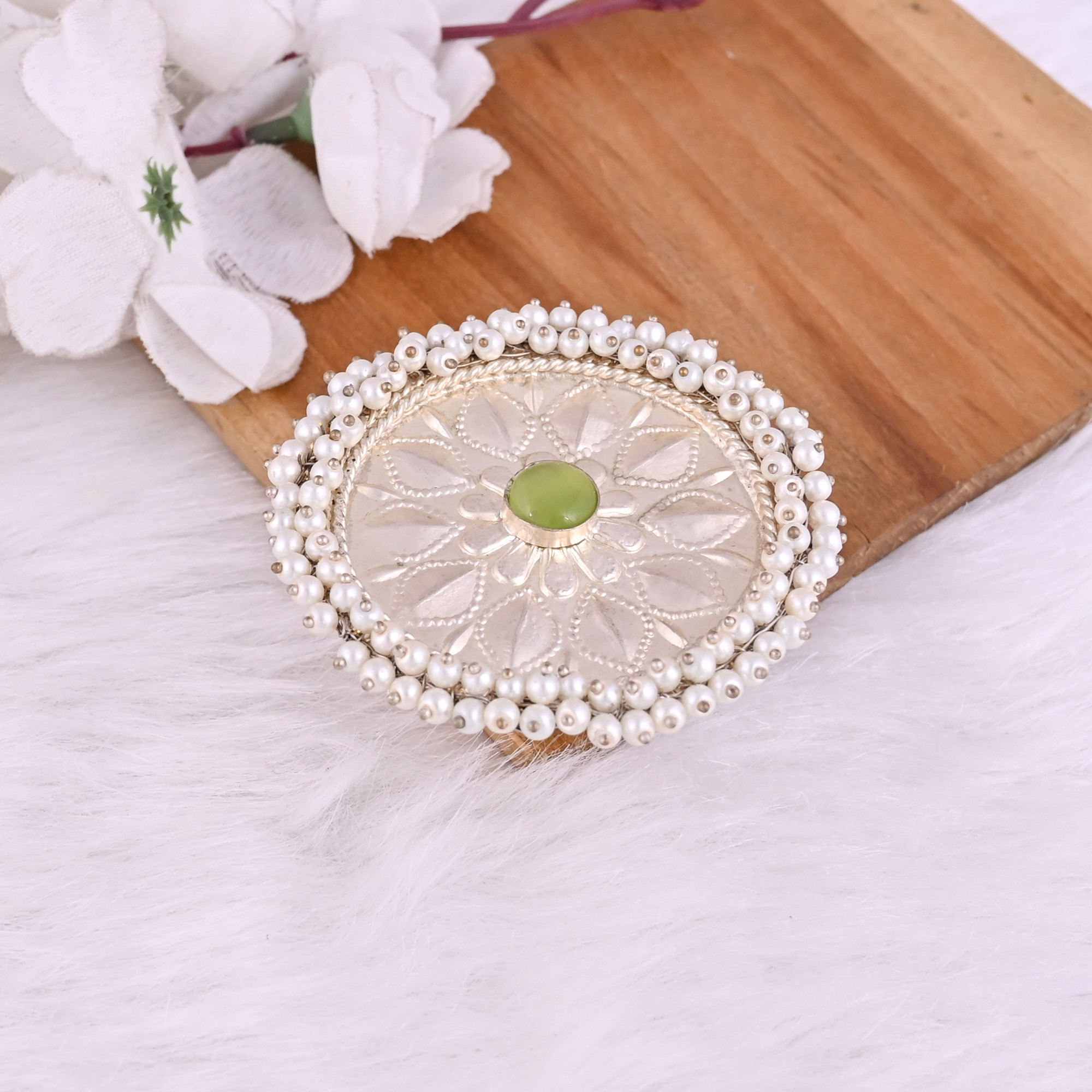 Green Catseye  Pearl Gemstone Floral Design Boho Adjustable Big Ring
