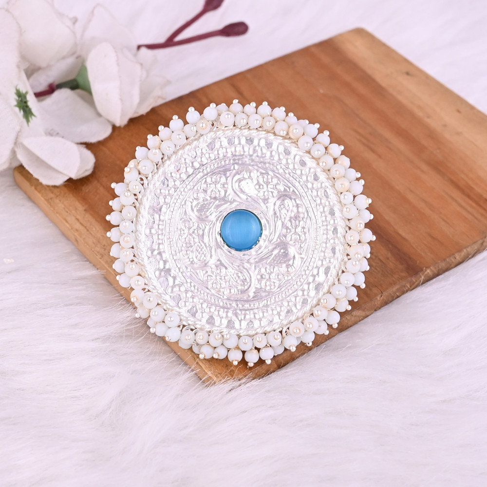 Image of Blue Cats'eye &amp; Pearl Gemstone Floral Design Boho Adjustable Big Ring
