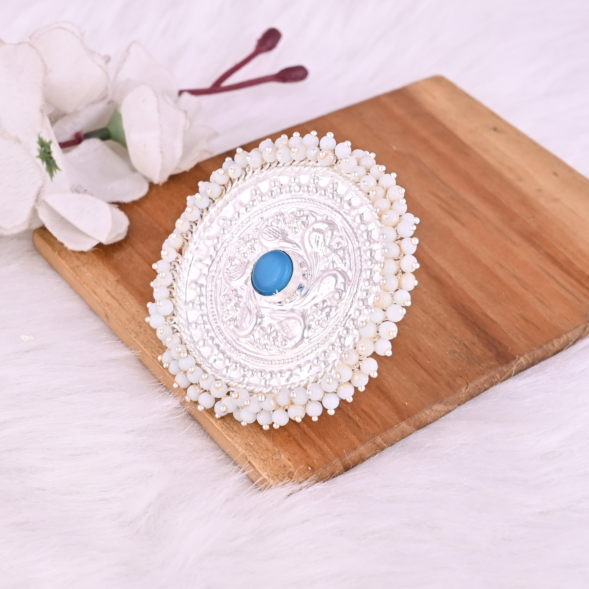 Blue Catseye  Pearl Gemstone Floral Design Boho Adjustable Big Ring