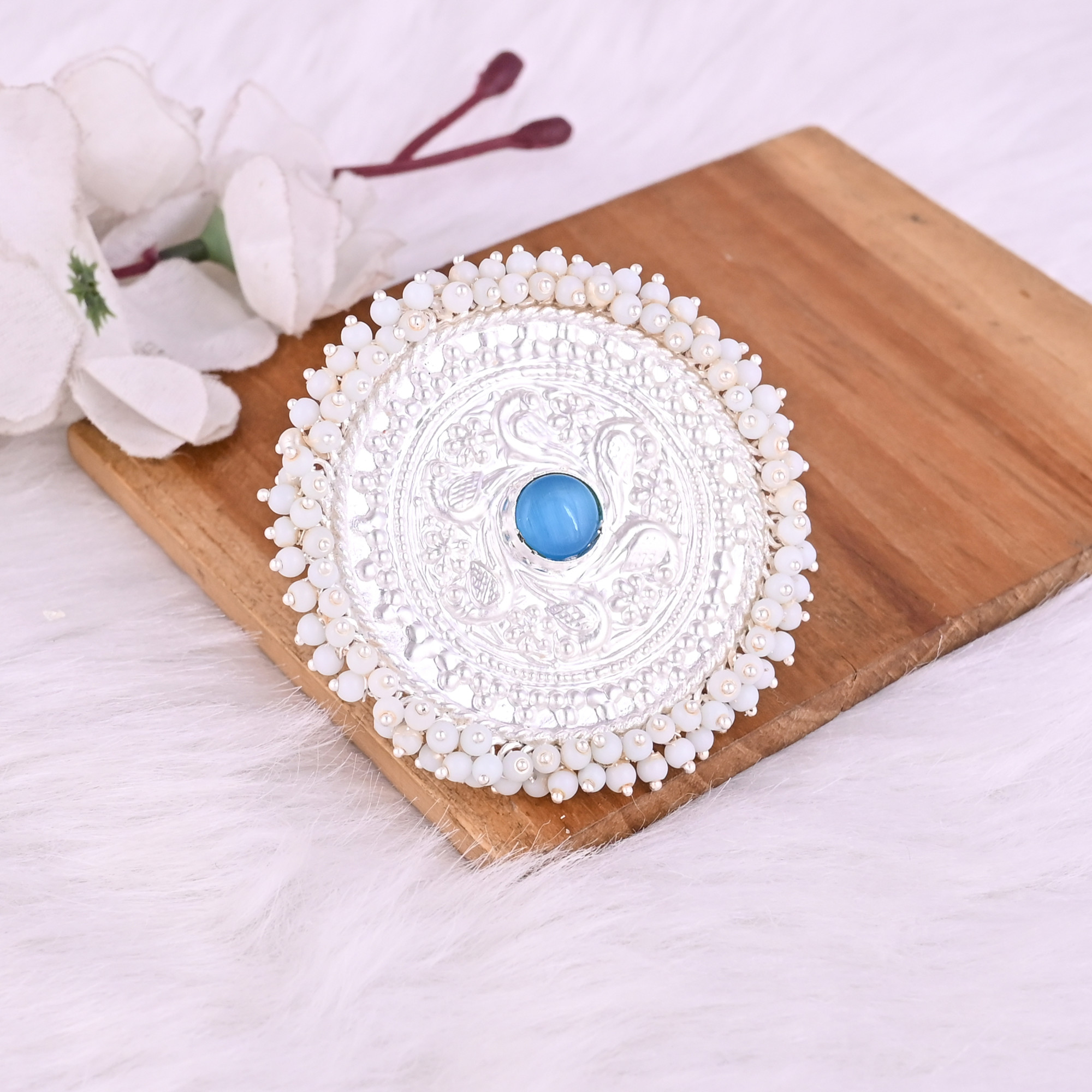Blue Catseye Pearl Gemstone Floral Design Boho Adjustable Big Ring
