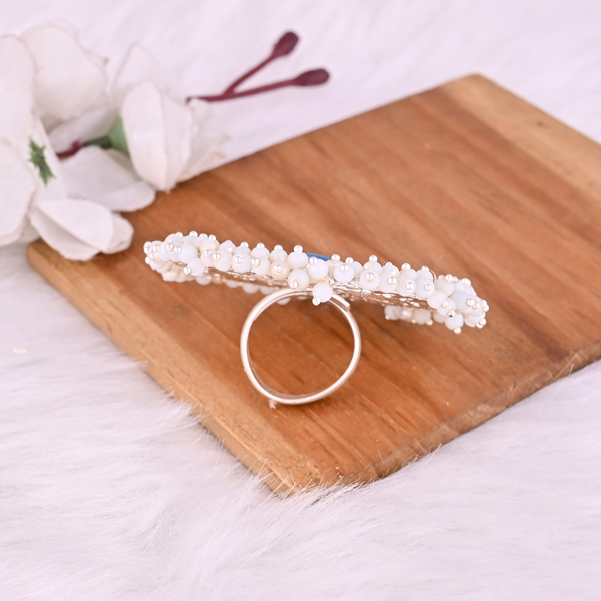 Blue Catseye  Pearl Gemstone Floral Design Boho Adjustable Big Ring