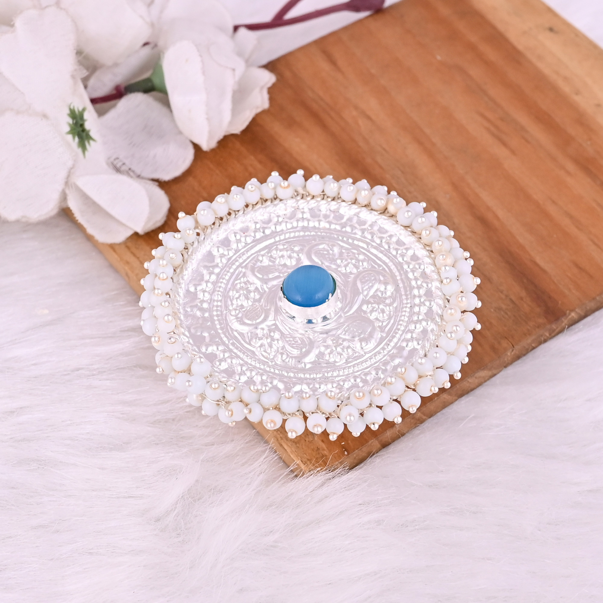 Blue Catseye  Pearl Gemstone Floral Design Boho Adjustable Big Ring