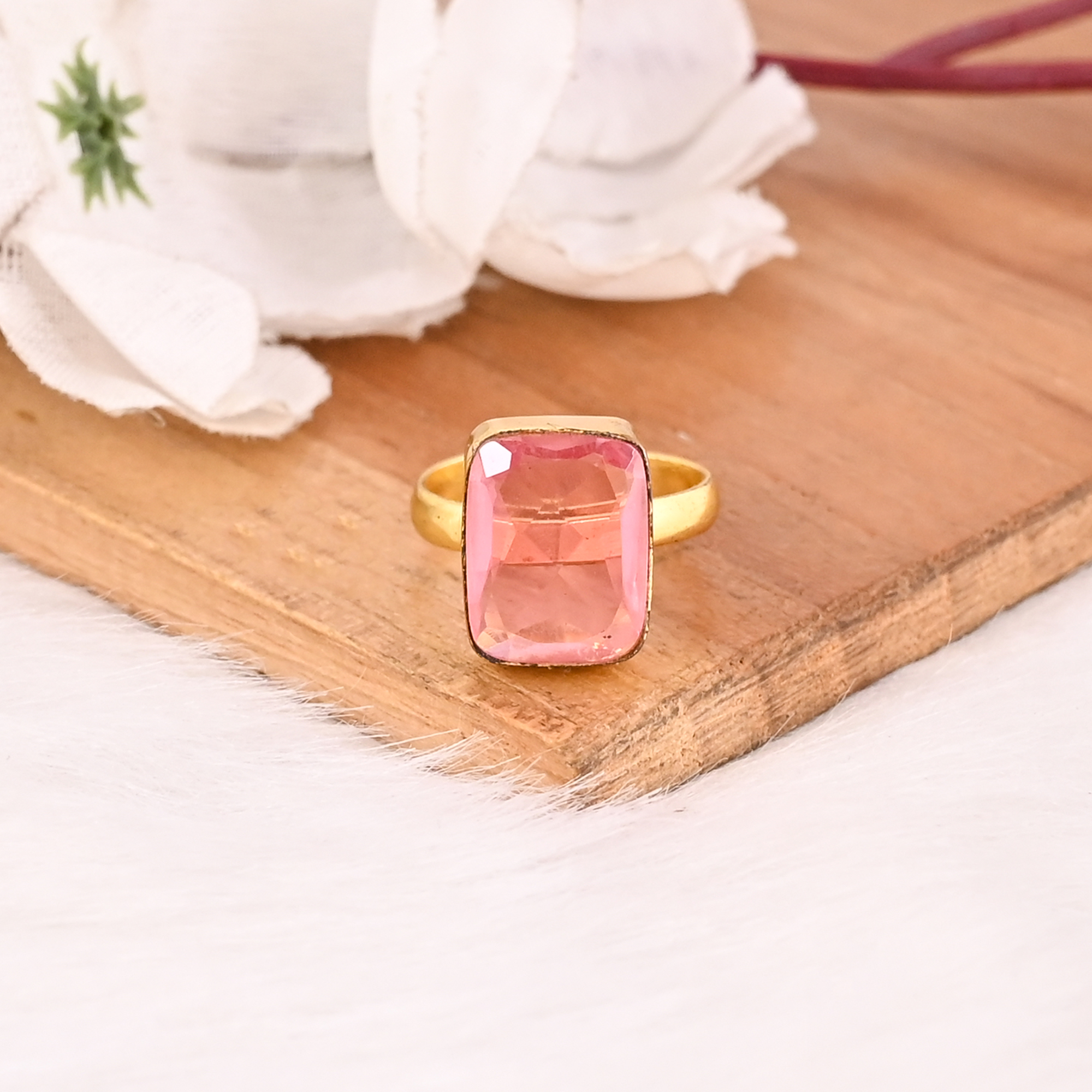 Pink Tourmaline Hydro Ring Gold Plated Brass Handmade Adjustable Gemstone Ring Fashion Jewelry for Women