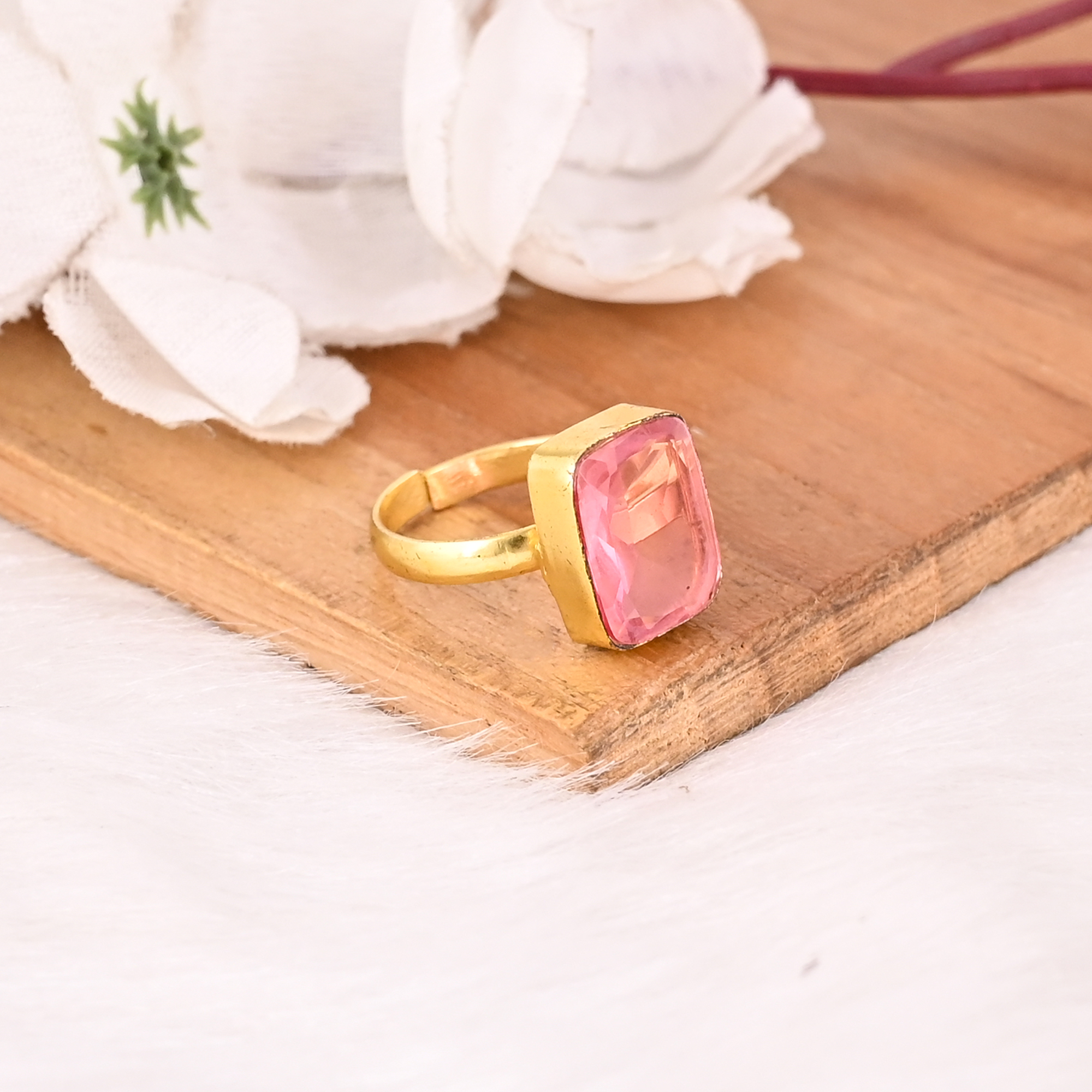 Pink Tourmaline Hydro Ring Gold Plated Brass Handmade Adjustable Gemstone Ring Fashion Jewelry for Women