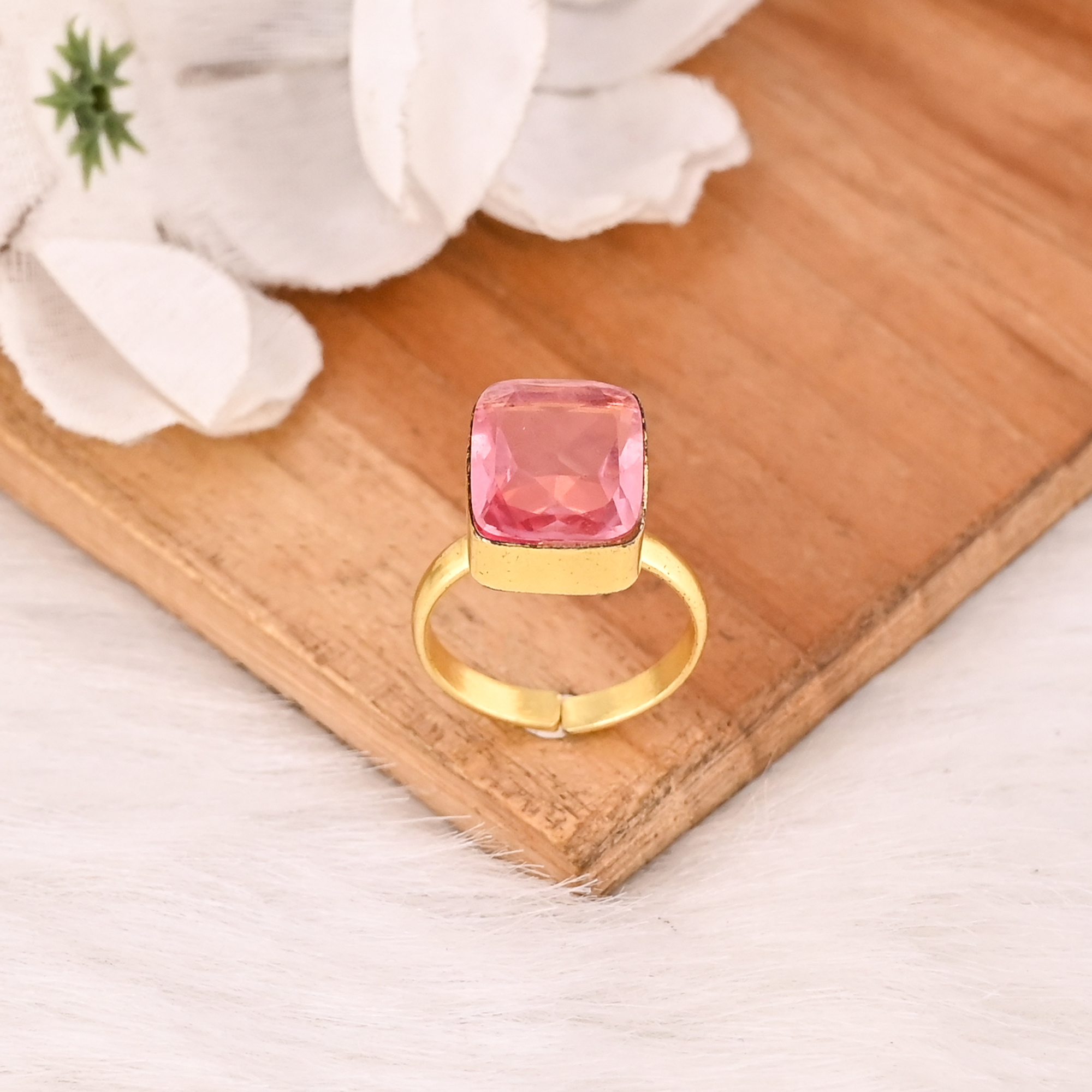 Pink Tourmaline Hydro Ring Gold Plated Brass Handmade Adjustable Gemstone Ring Fashion Jewelry for Women