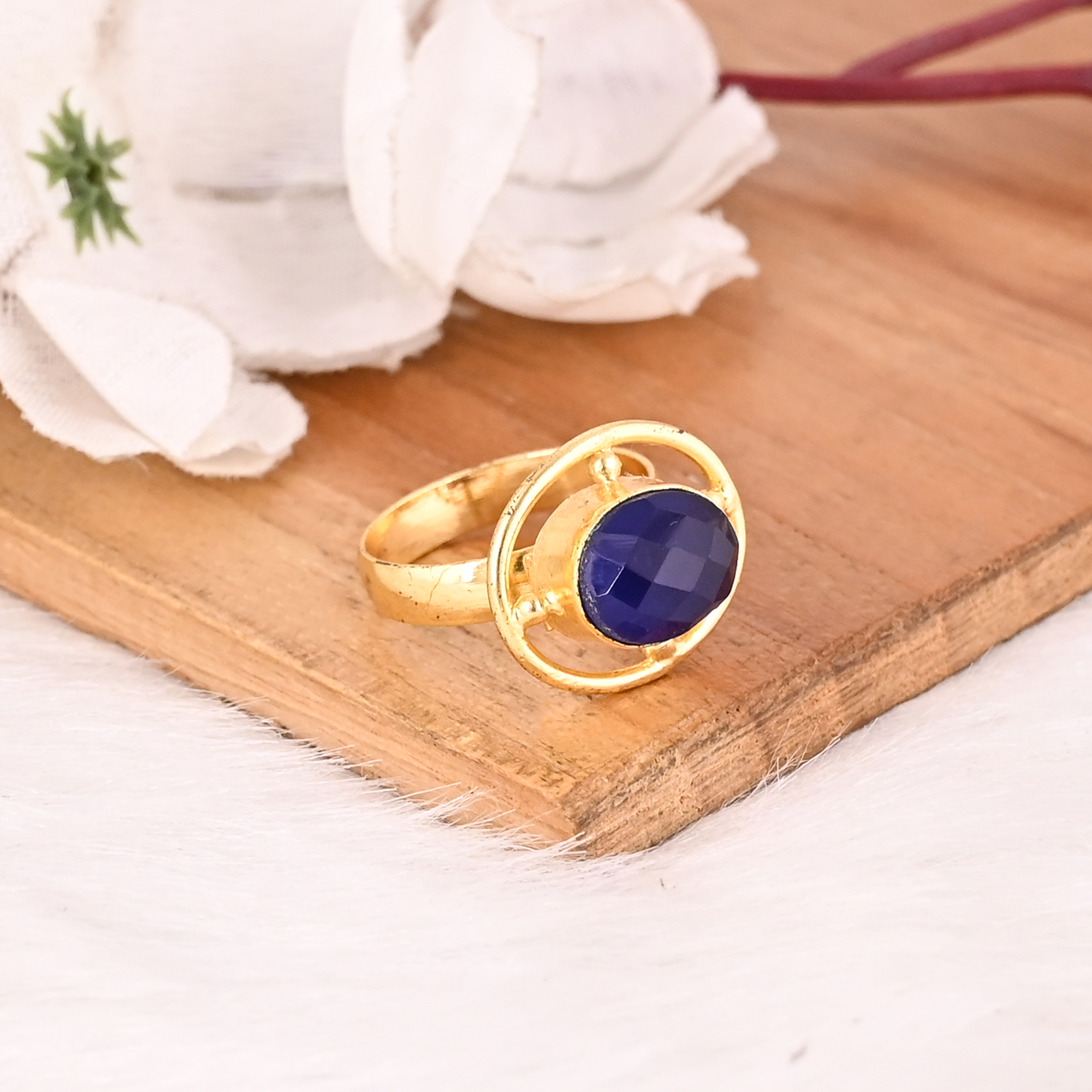 Elegant Designer Ink Blue Brass Gold Plated Stylish Handmade Gemstone Ring for Women