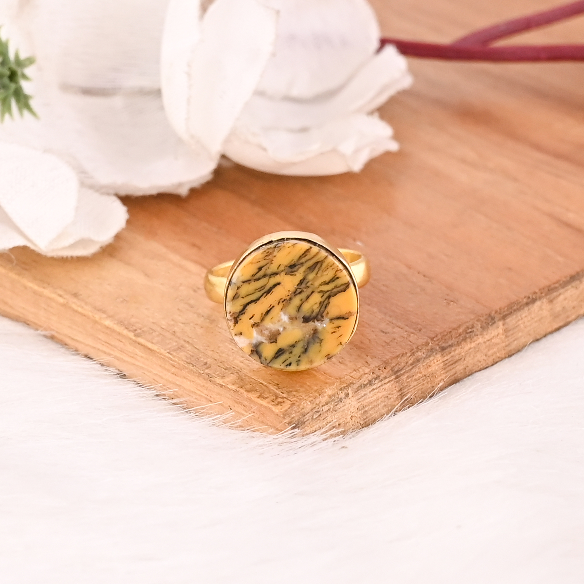 Natural Yellow Dendritic Opal Gold Plated Brass Ring Handmade Boho Gemstone Jewelry for Women