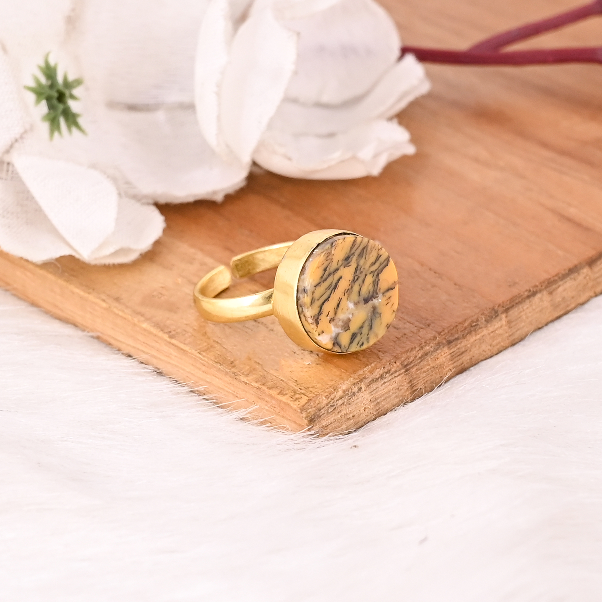 Natural Yellow Dendritic Opal Gold Plated Brass Ring Handmade Boho Gemstone Jewelry for Women