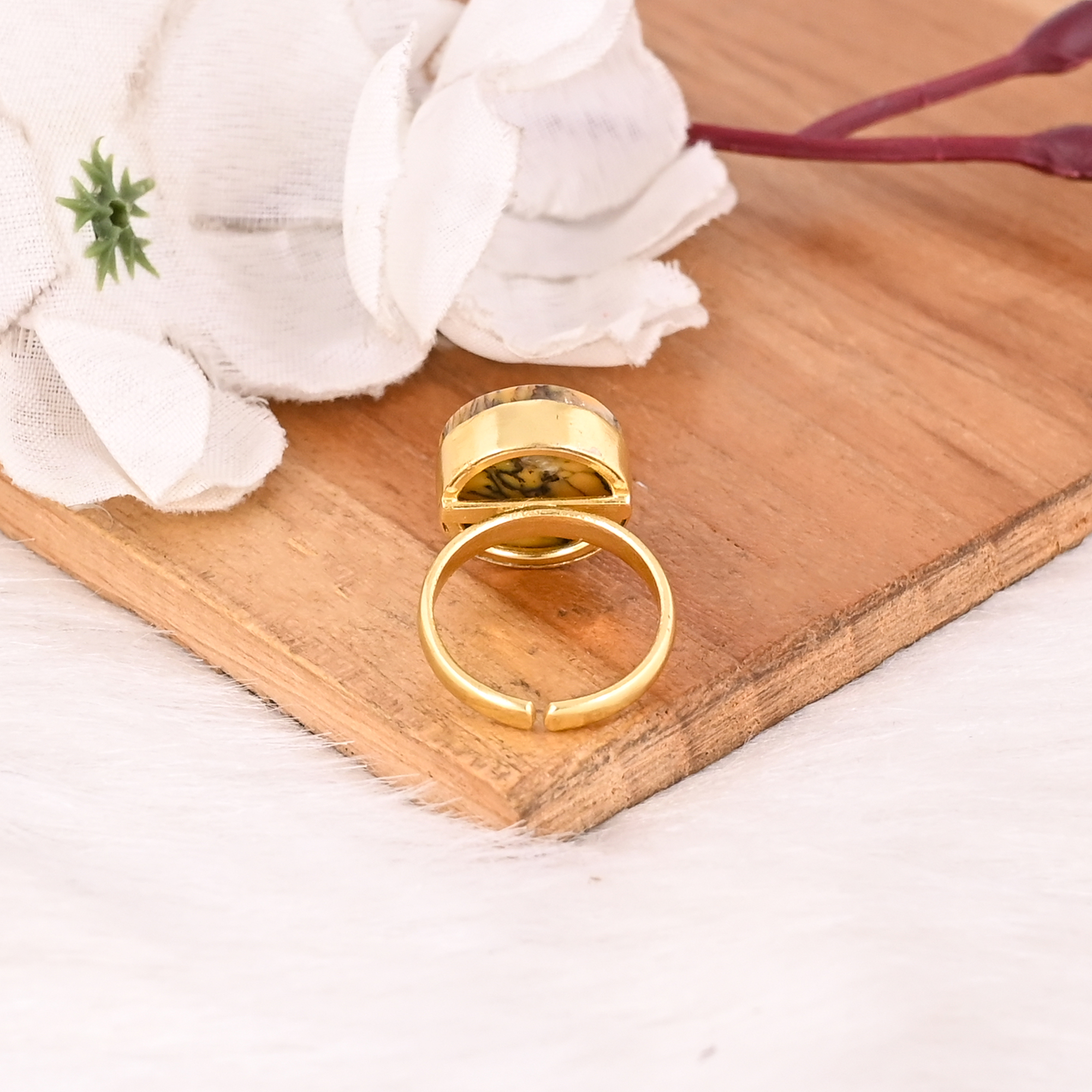 Natural Yellow Dendritic Opal Gold Plated Brass Ring Handmade Boho Gemstone Jewelry for Women