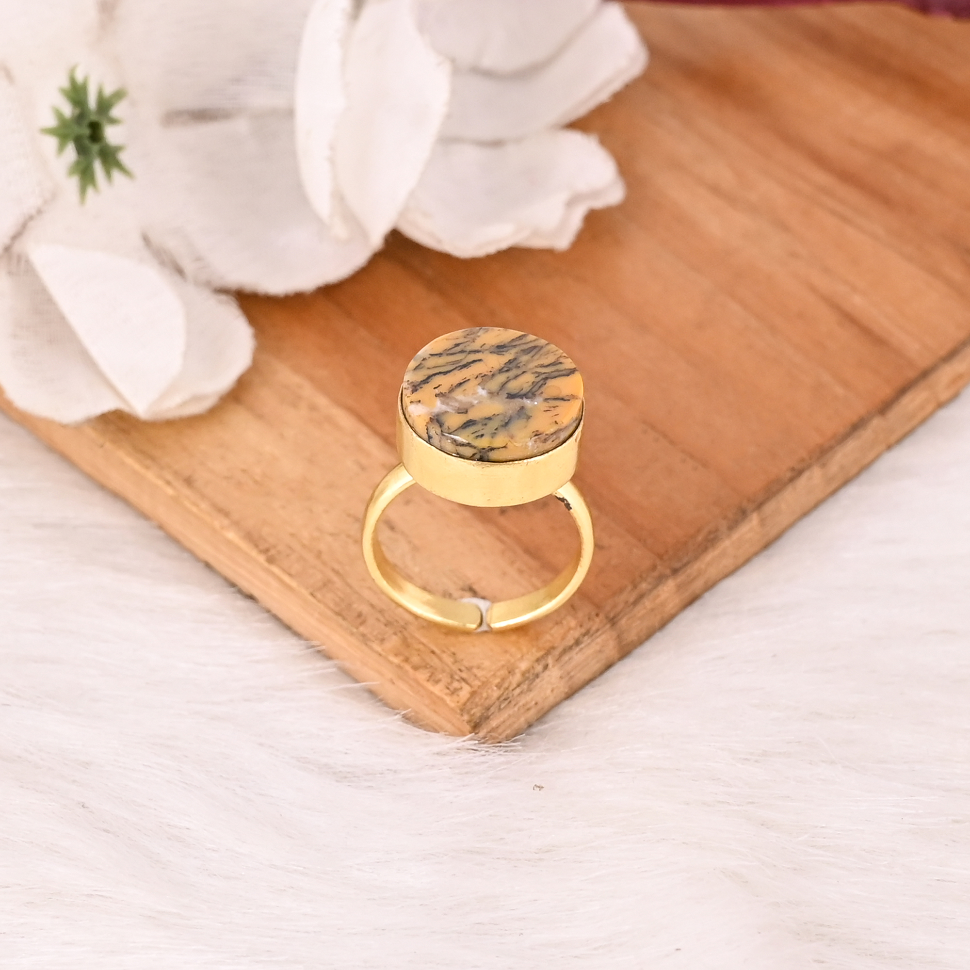 Natural Yellow Dendritic Opal Gold Plated Brass Ring Handmade Boho Gemstone Jewelry for Women