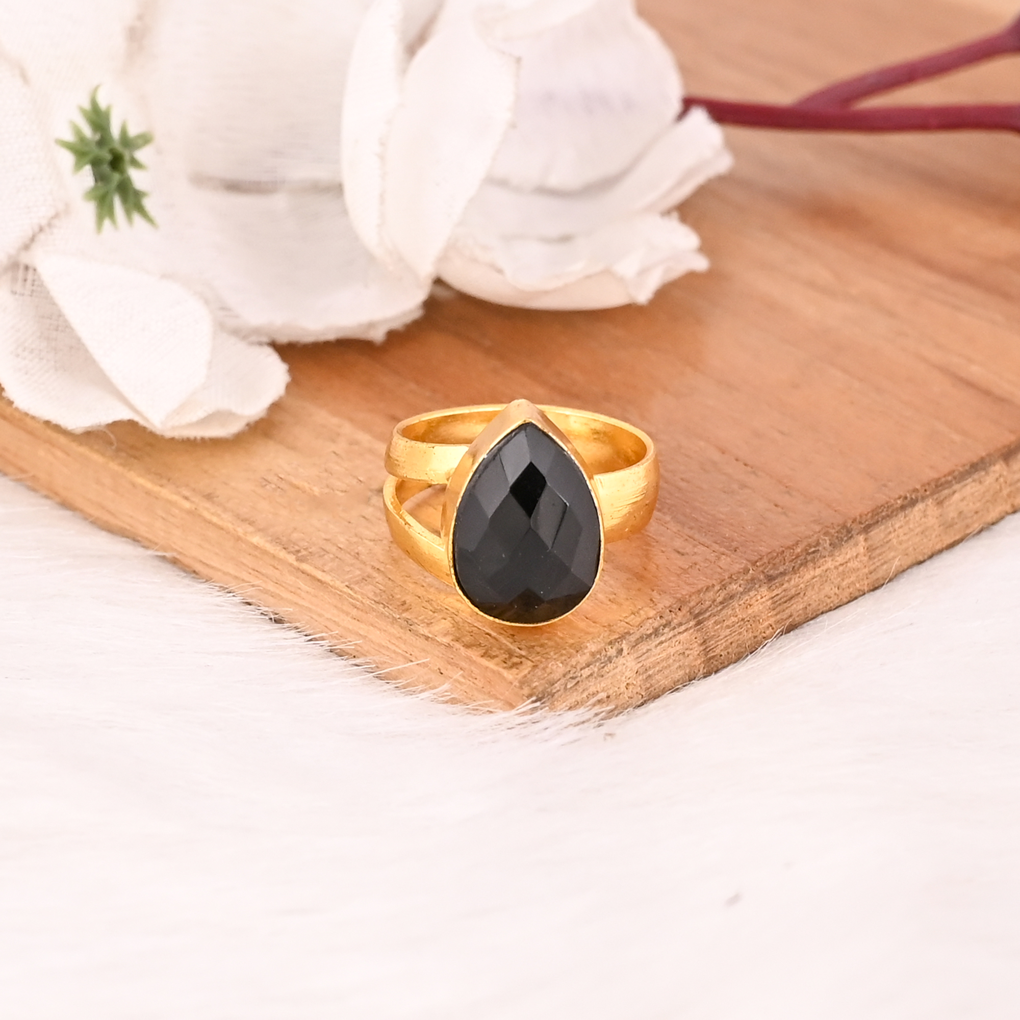 Black Onyx Ring Handmade Adjustable Stylish Brass Jewelry for Women