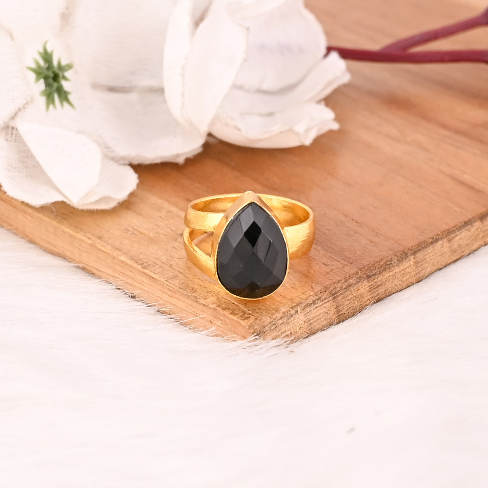 Image of Black Onyx Ring Handmade Adjustable Stylish Brass Jewelry for Women
