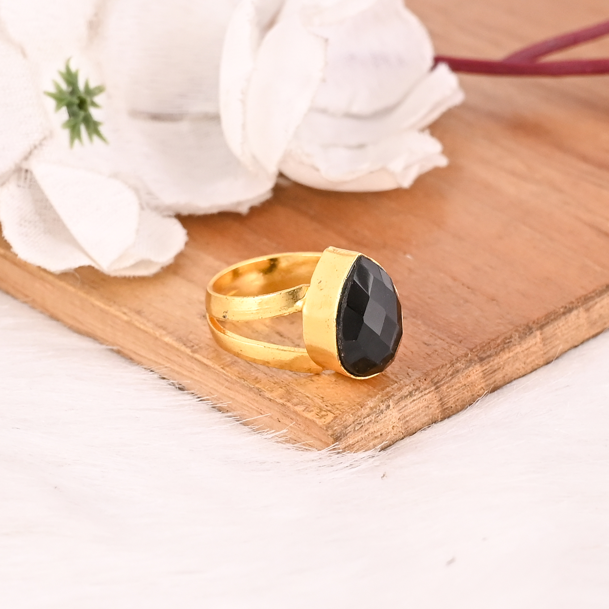 Black Onyx Ring Handmade Adjustable Stylish Brass Jewelry for Women