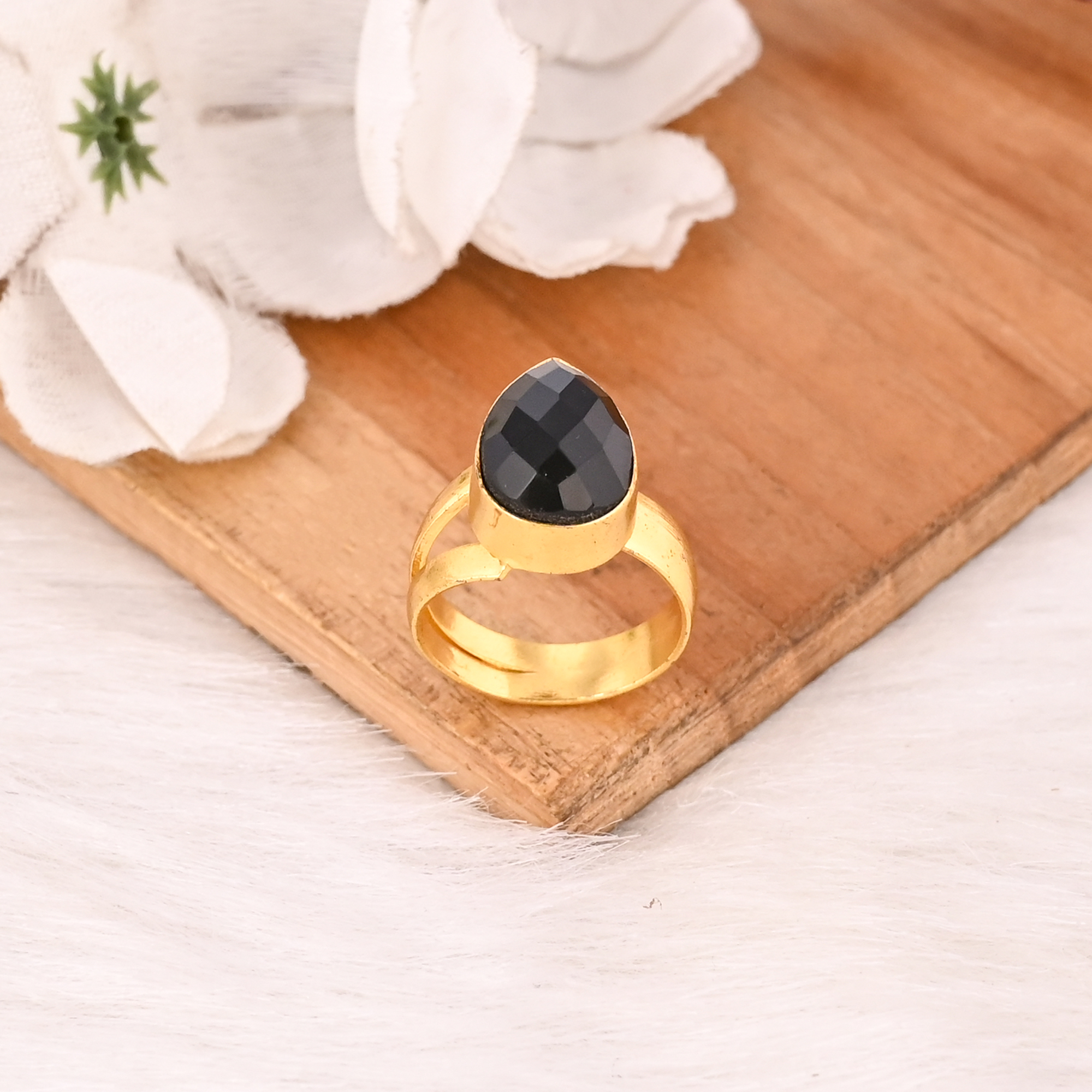 Black Onyx Ring Handmade Adjustable Stylish Brass Jewelry for Women