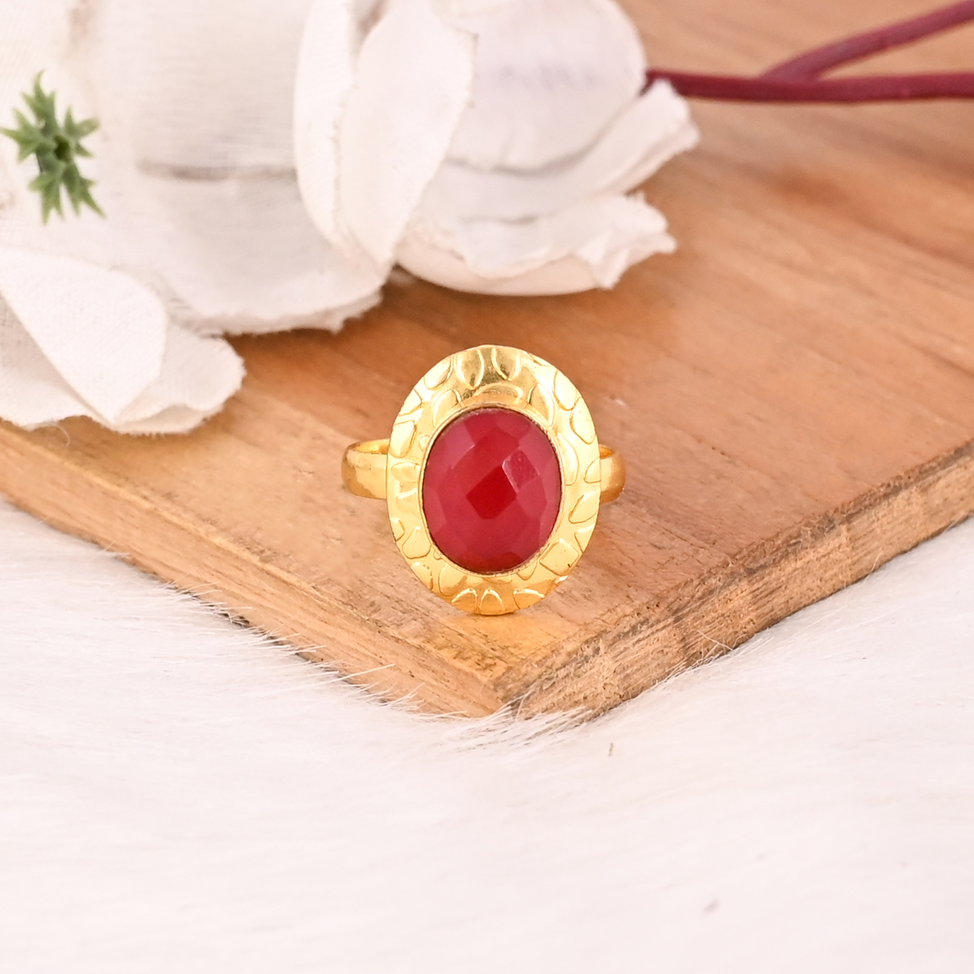 Red Hydro Gemstone Gold Plated Brass Handmade Adjustable Fashion Ring for Women