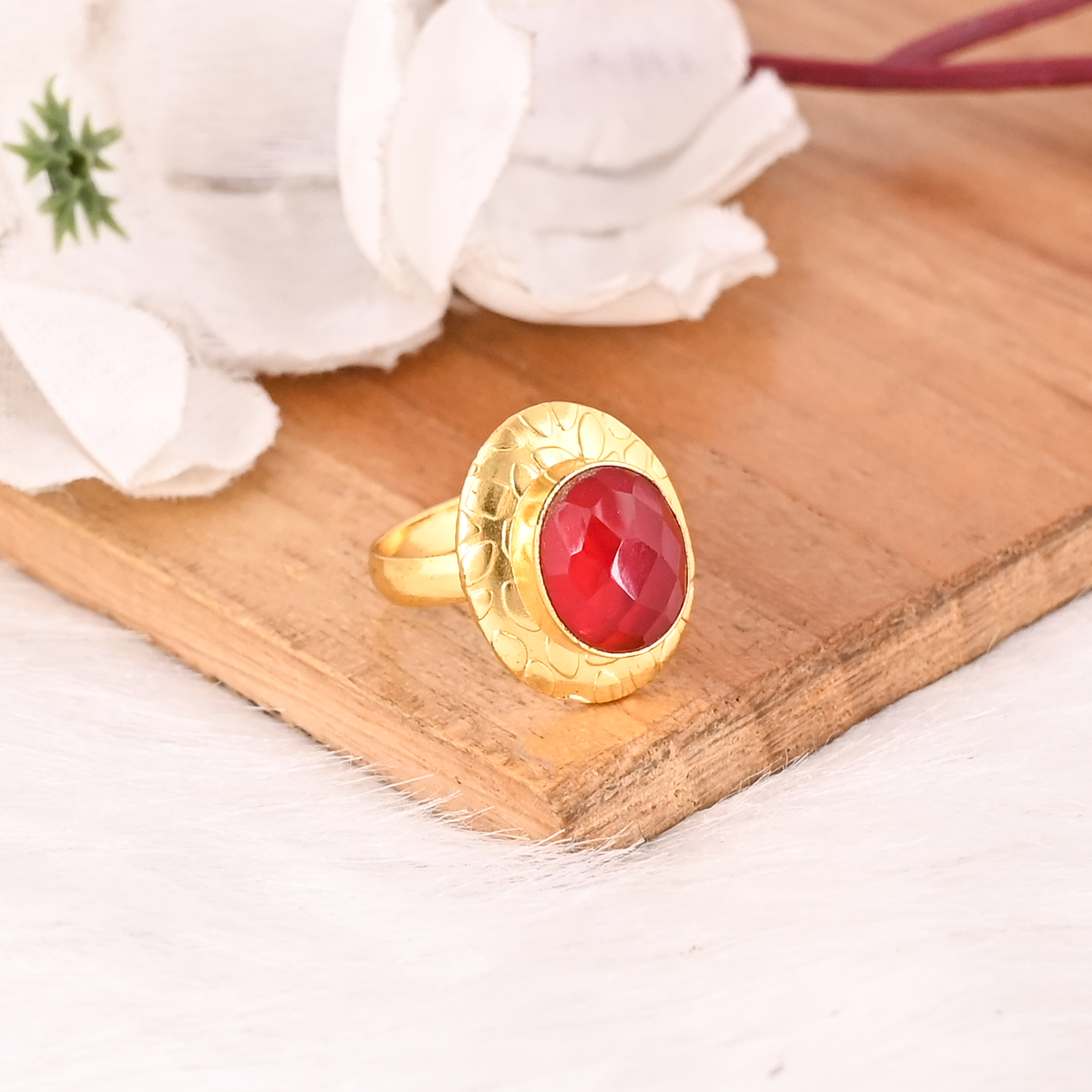 Red Hydro Gemstone Gold Plated Brass Handmade Adjustable Fashion Ring for Women