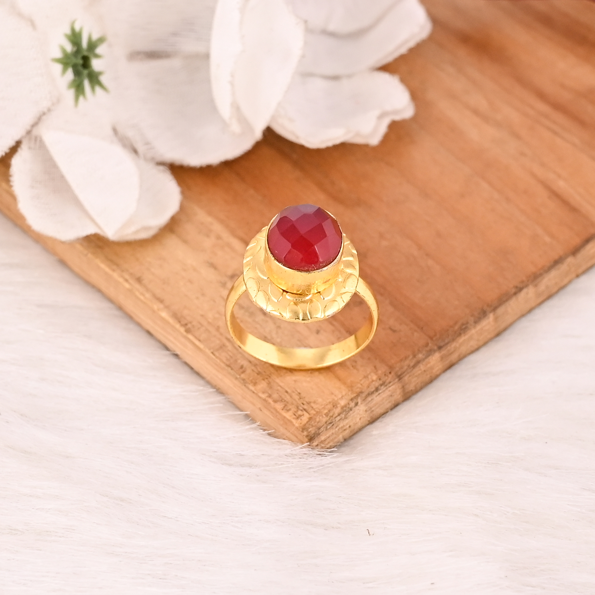 Red Hydro Gemstone Gold Plated Brass Handmade Adjustable Fashion Ring for Women