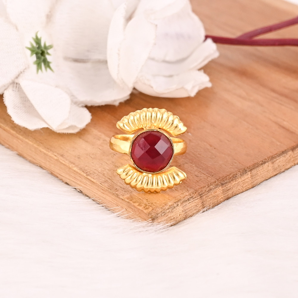 Image of Adjustable Garnet Hydro Gemstone Lab Created Round Gold Plated Brass Ring Handmade Stylish Jewelry for Women