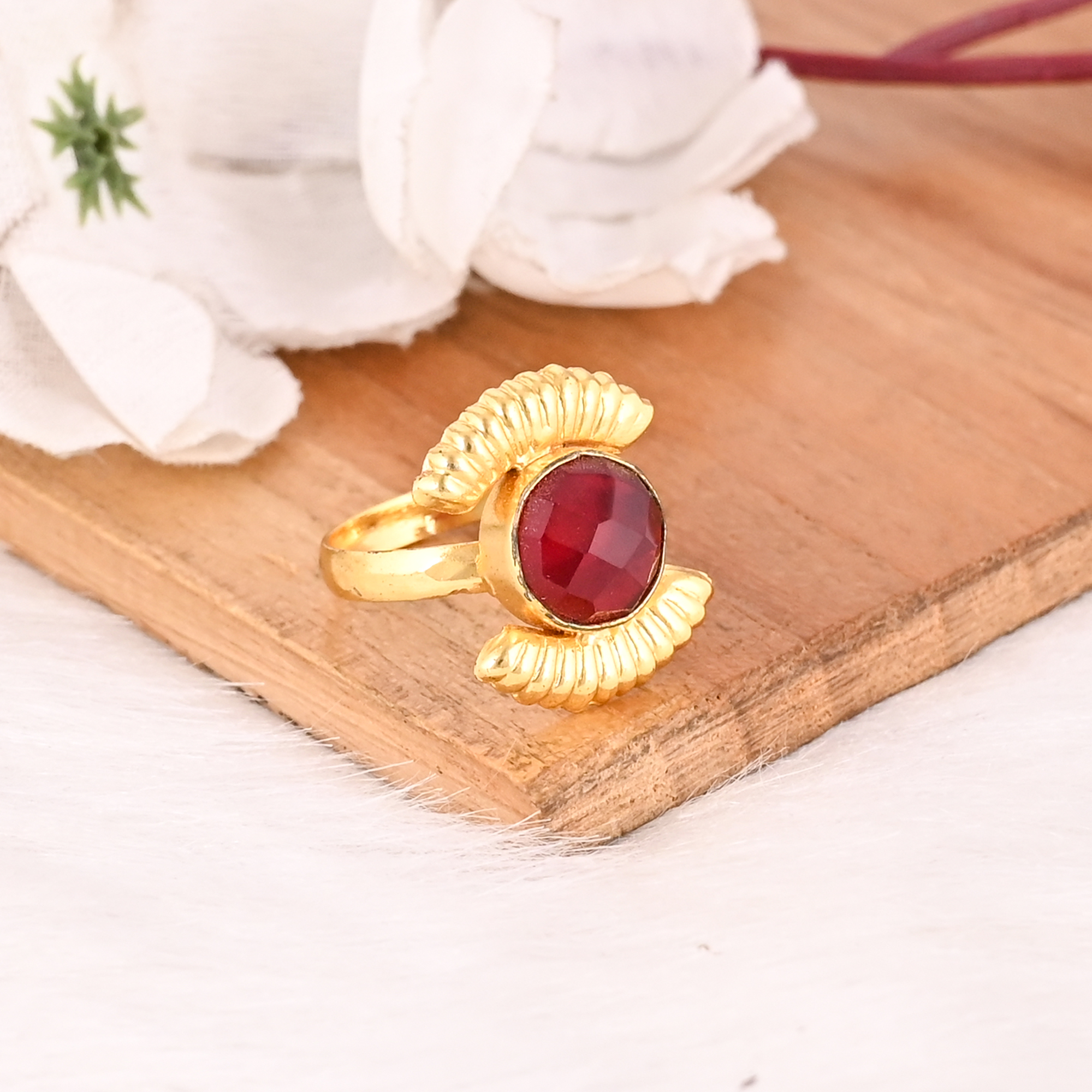 Adjustable Garnet Hydro Gemstone Gold Plated Brass Ring Handmade Stylish Jewelry for women