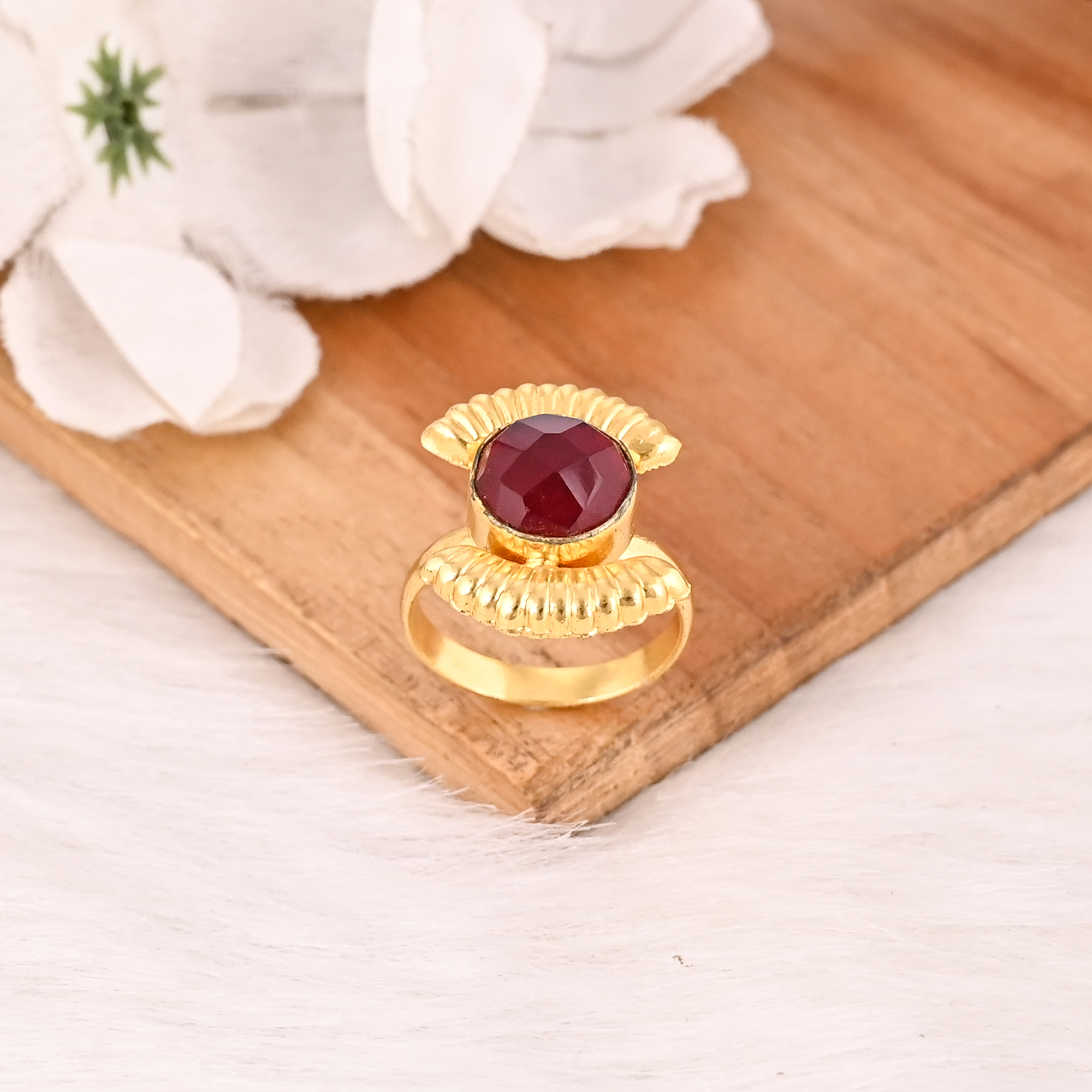 Adjustable Garnet Hydro Gemstone Lab Created Round Gold Plated Brass Ring Handmade Stylish Jewelry for Women